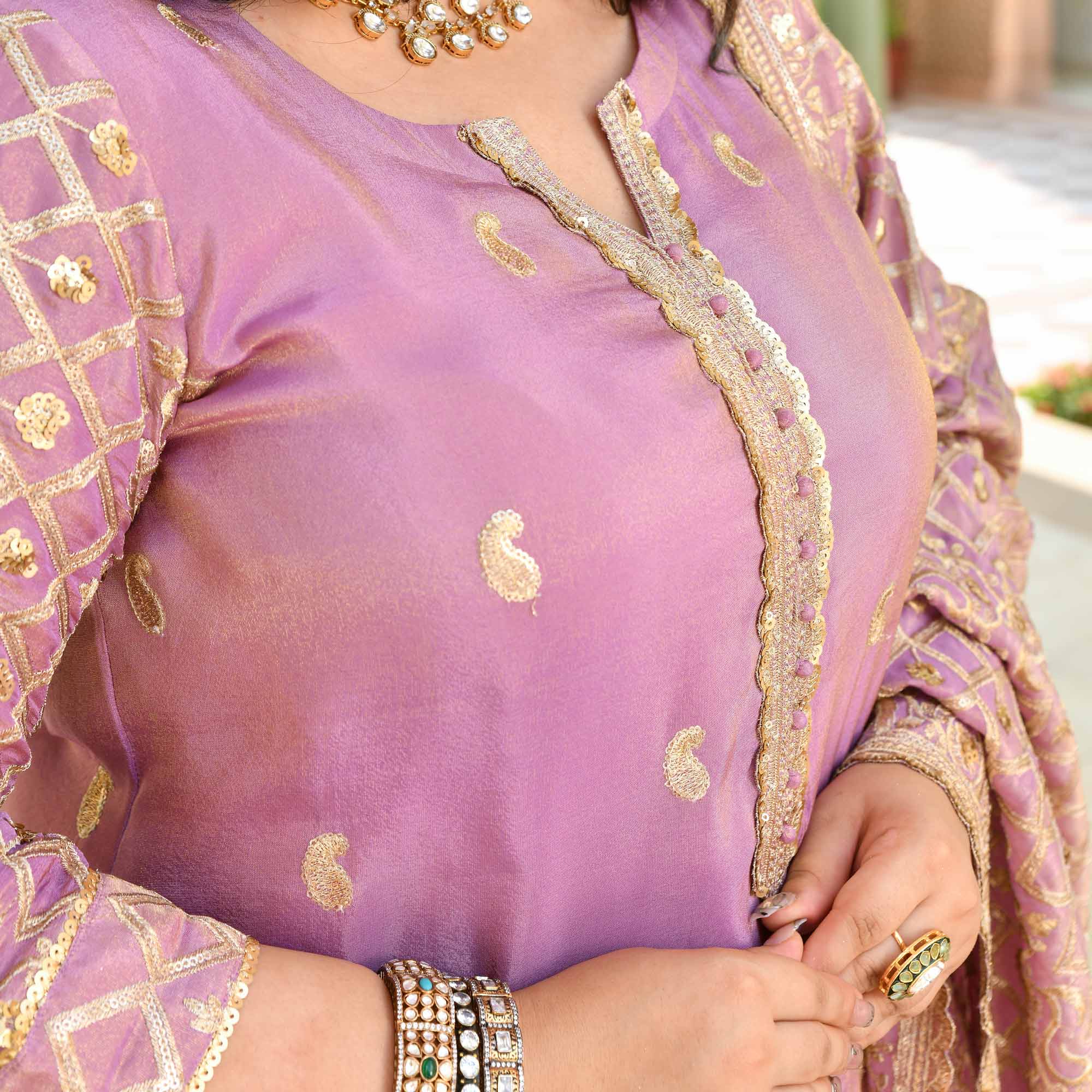 Piyu Bole- Lilac Sequin Embroidered Pure Tissue Silk Suit Set