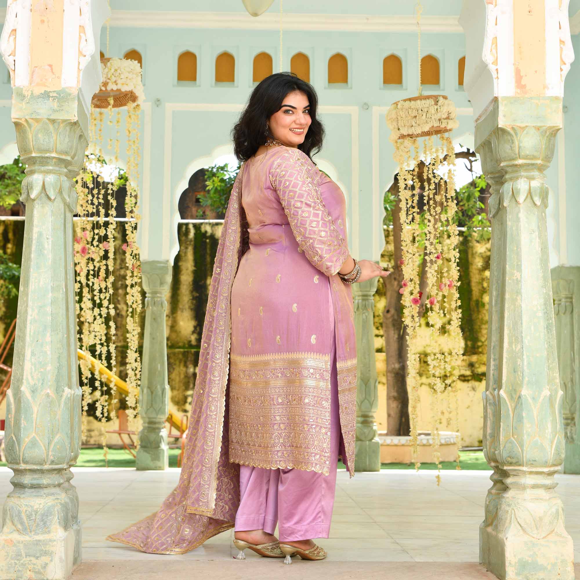 Piyu Bole- Lilac Sequin Embroidered Pure Tissue Silk Suit Set