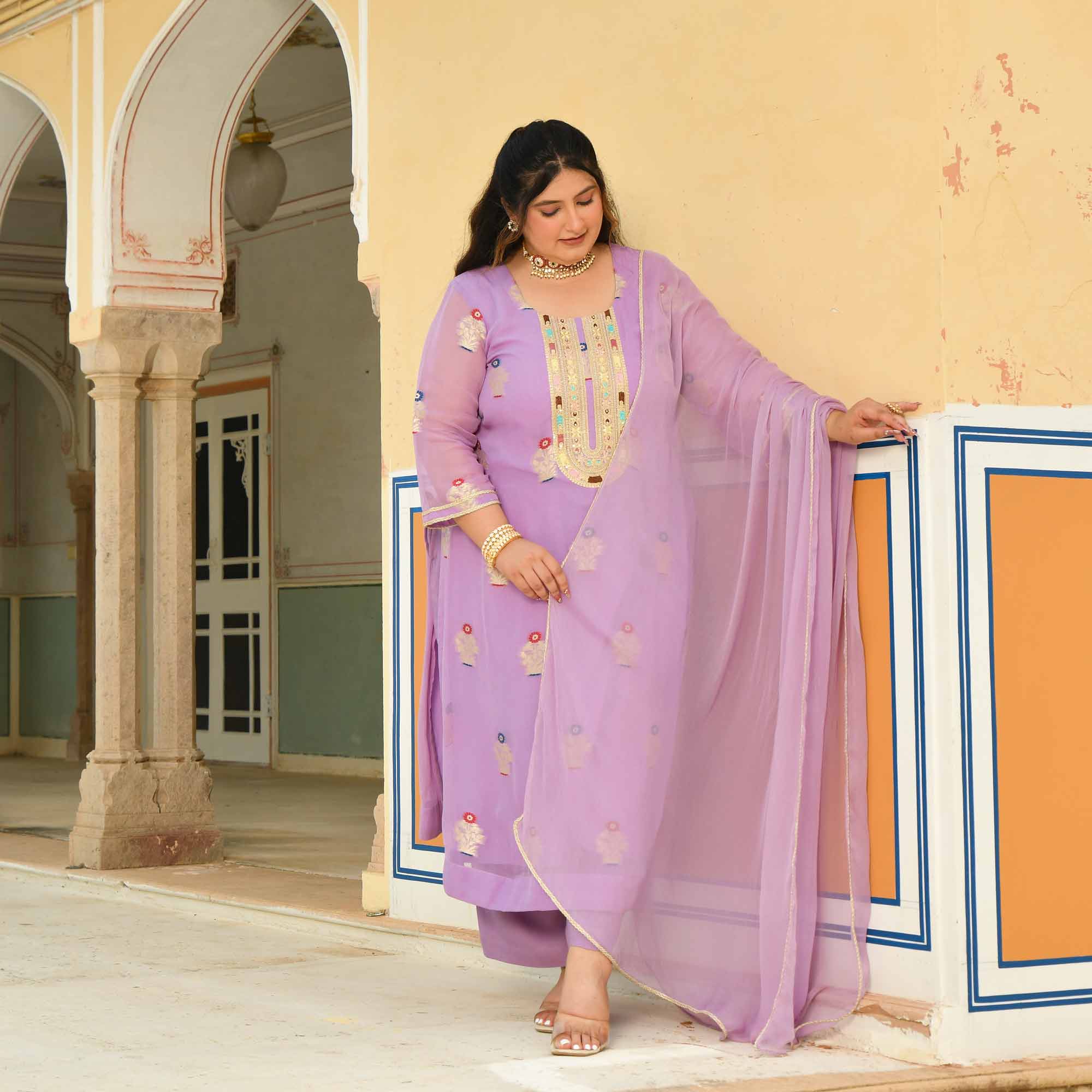 Darpan - Lilac Purple Banarasi Pure Georgette Suit set