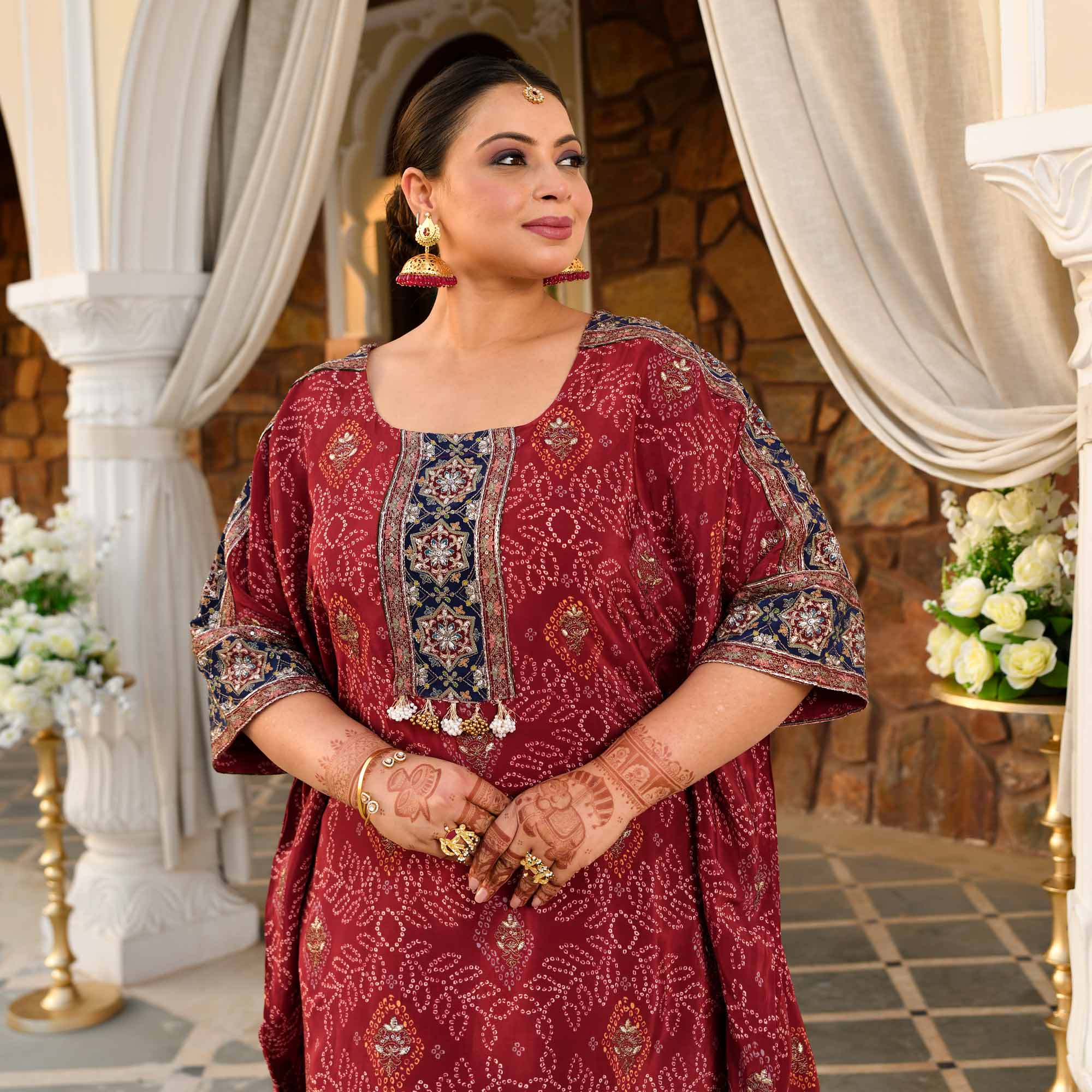 Mehrangarh- Deep Maroon Fusion Bandhani Pure Crepe Co-Ord Set