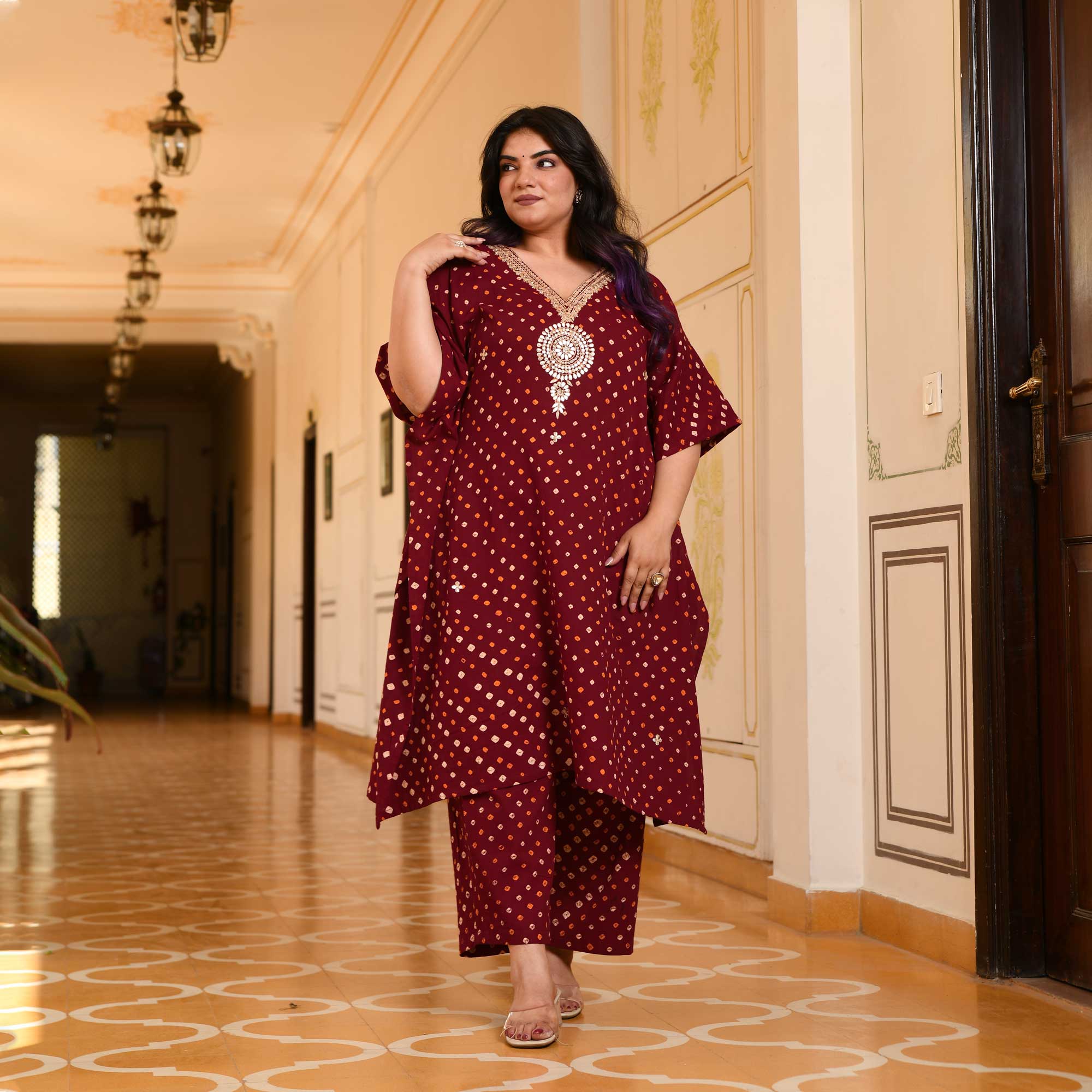 Legacy Bandhani Gota-Patti Handblock Pure Cotton Kaftan Set | The Plus Size Store