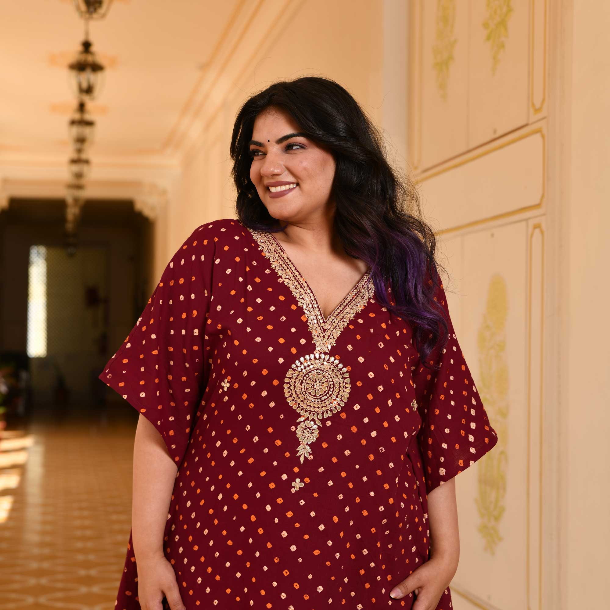 Legacy Bandhani Gota-Patti Handblock Pure Cotton Kaftan Set | The Plus Size Store