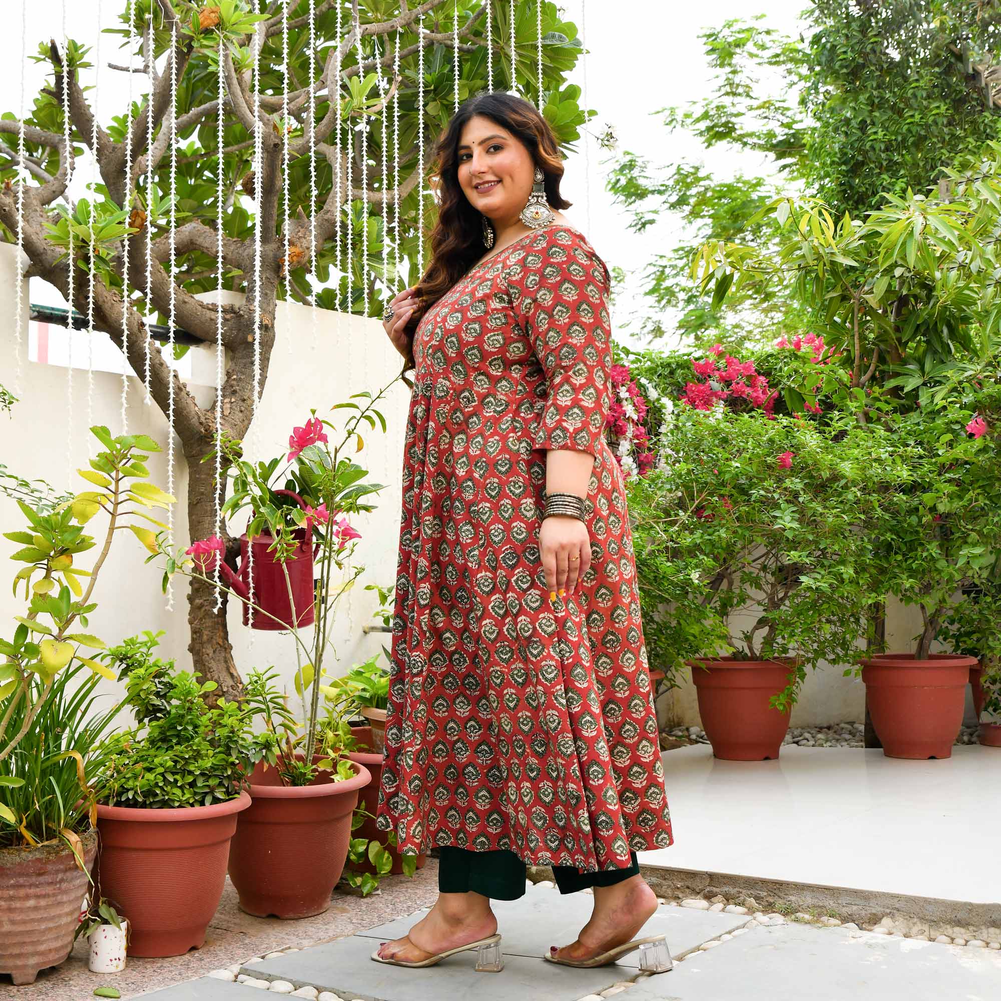 Chameli- Maroon Butta Handblock Printed Pure Cotton Anarkali Set