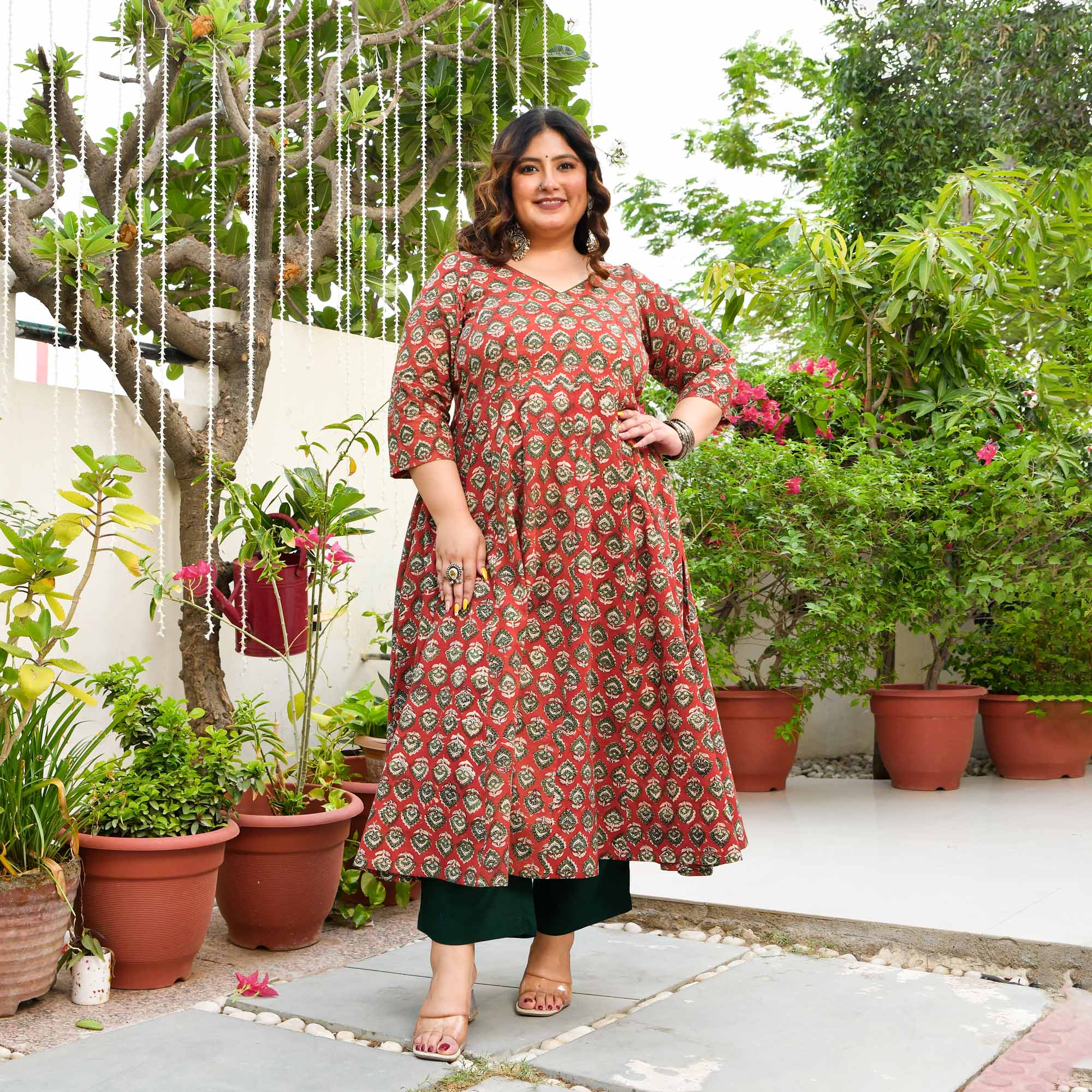 Chameli- Maroon Butta Handblock Printed Pure Cotton Anarkali Set