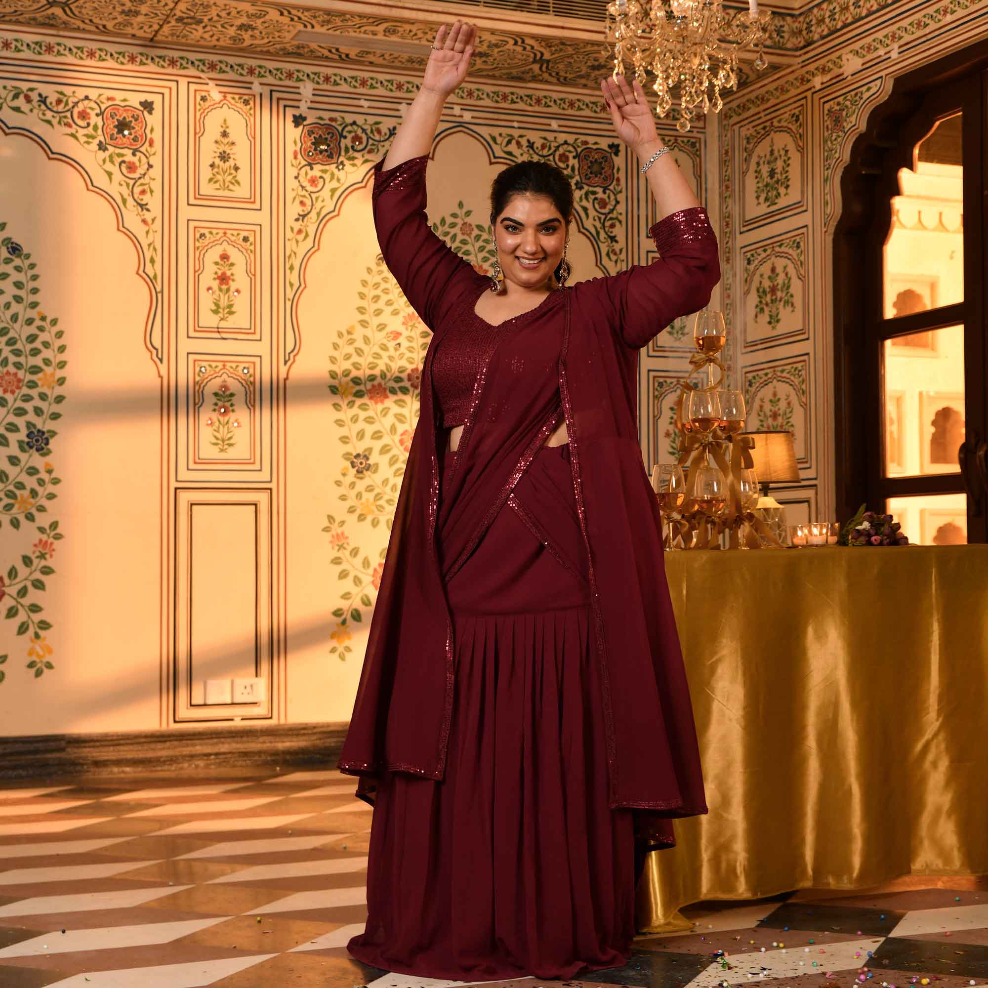 Jack Rose- Maroon Sequin Embellished Drape Saree Set with Cape