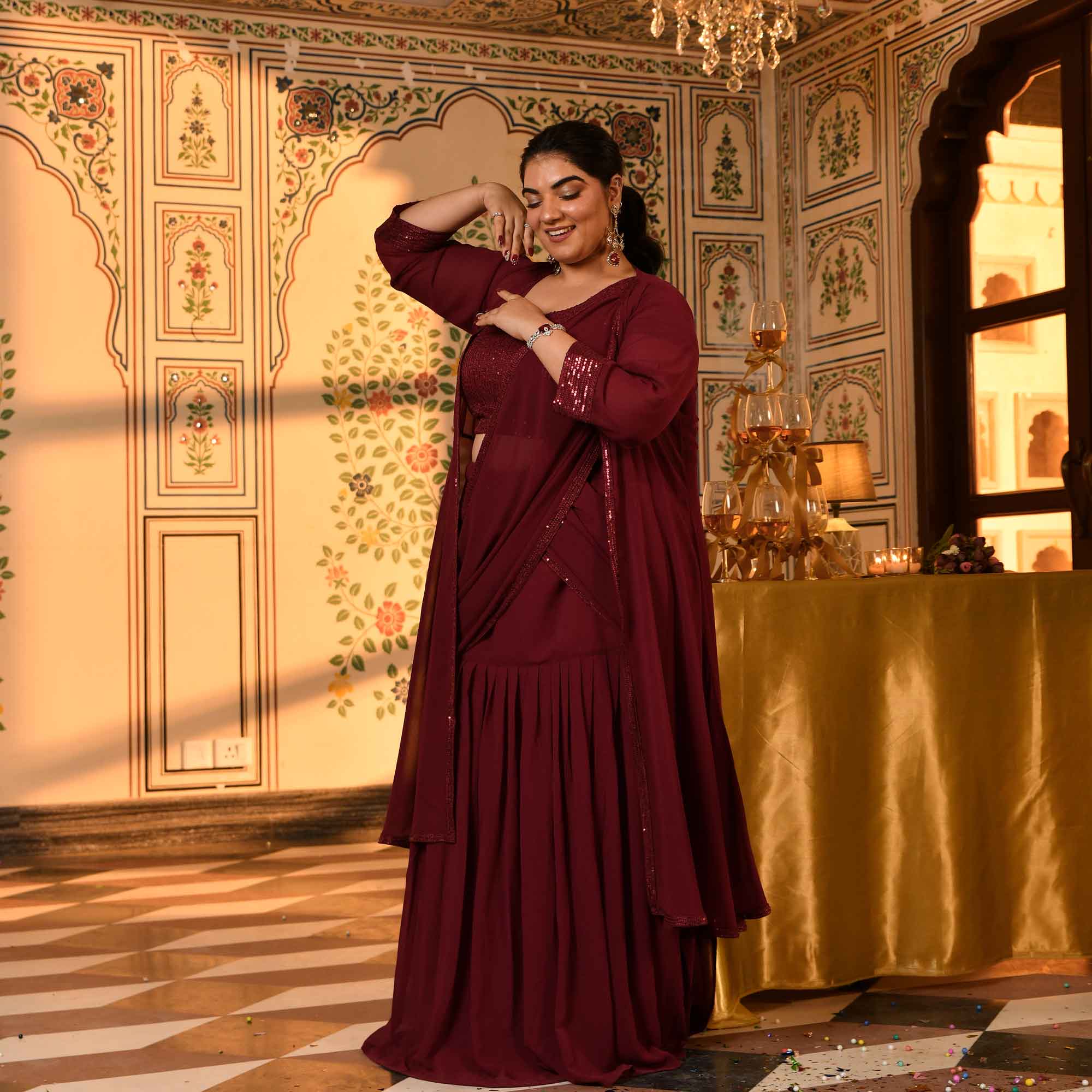 Jack Rose- Maroon Sequin Embellished Drape Saree Set with Cape