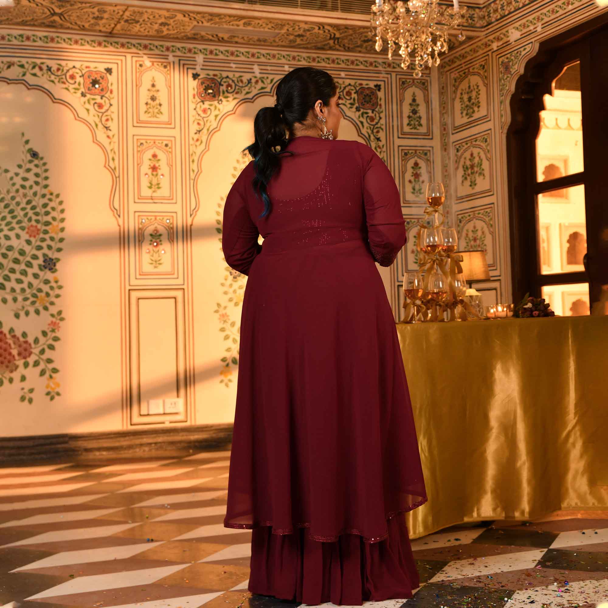 Jack Rose- Maroon Sequin Embellished Drape Saree Set with Cape