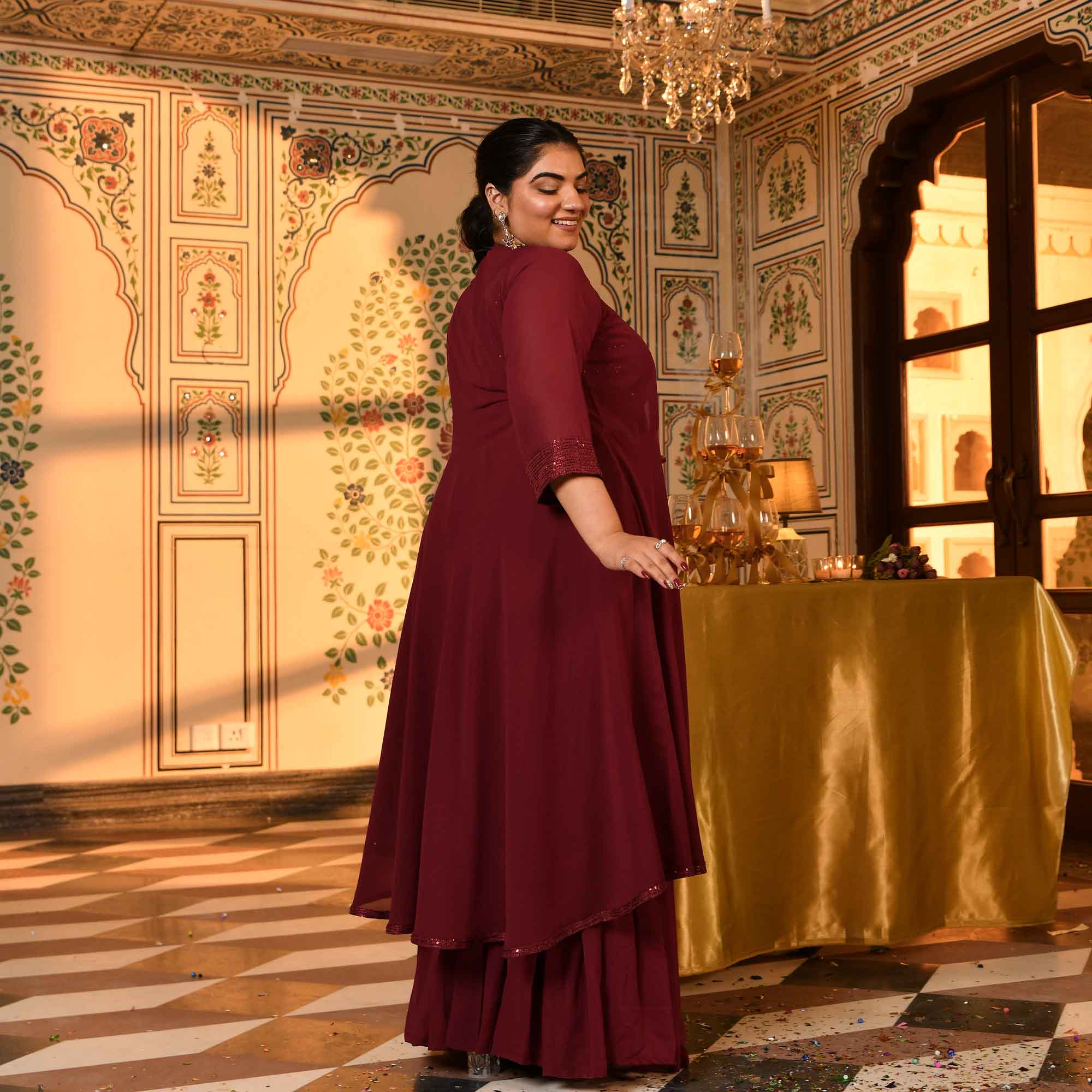 Jack Rose- Maroon Sequin Embellished Drape Saree Set with Cape