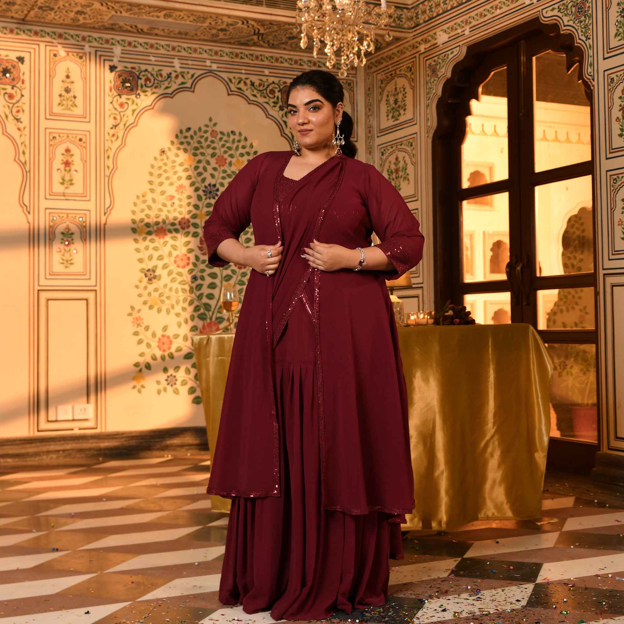Jack Rose- Maroon Sequin Embellished Drape Saree Set with Cape