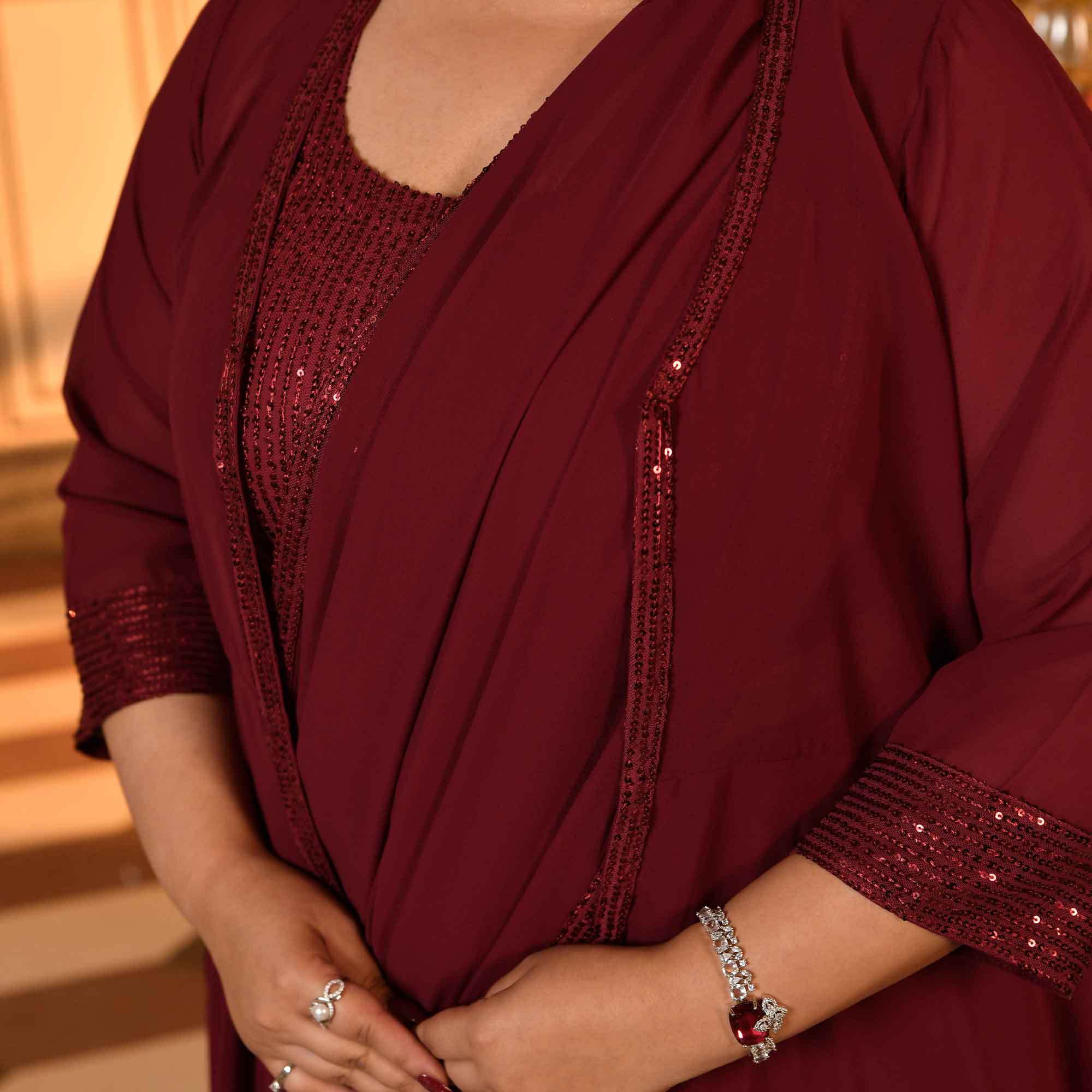 Jack Rose- Maroon Sequin Embellished Drape Saree Set with Cape