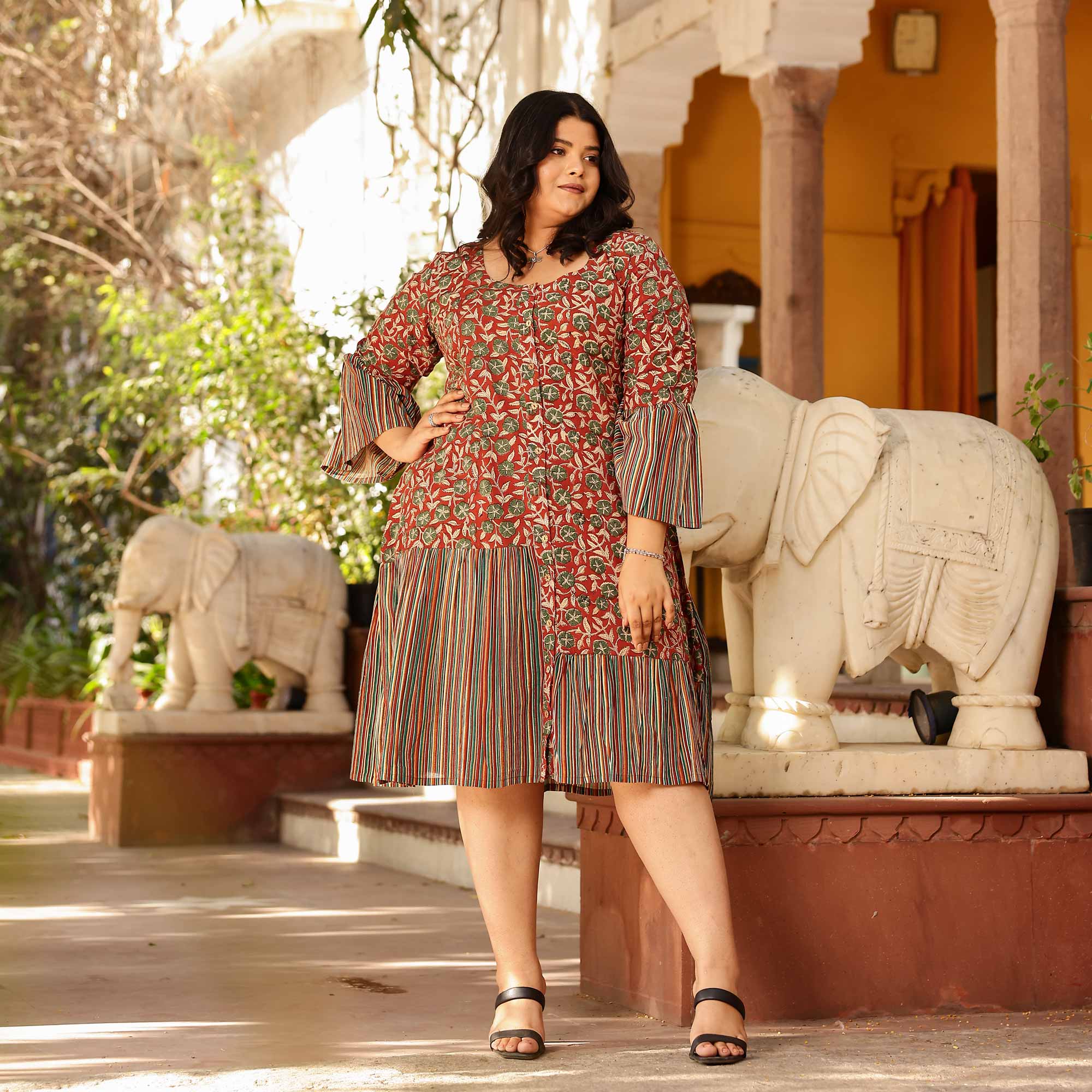 Fired Clay Handblock Printed Floral Aline Dress