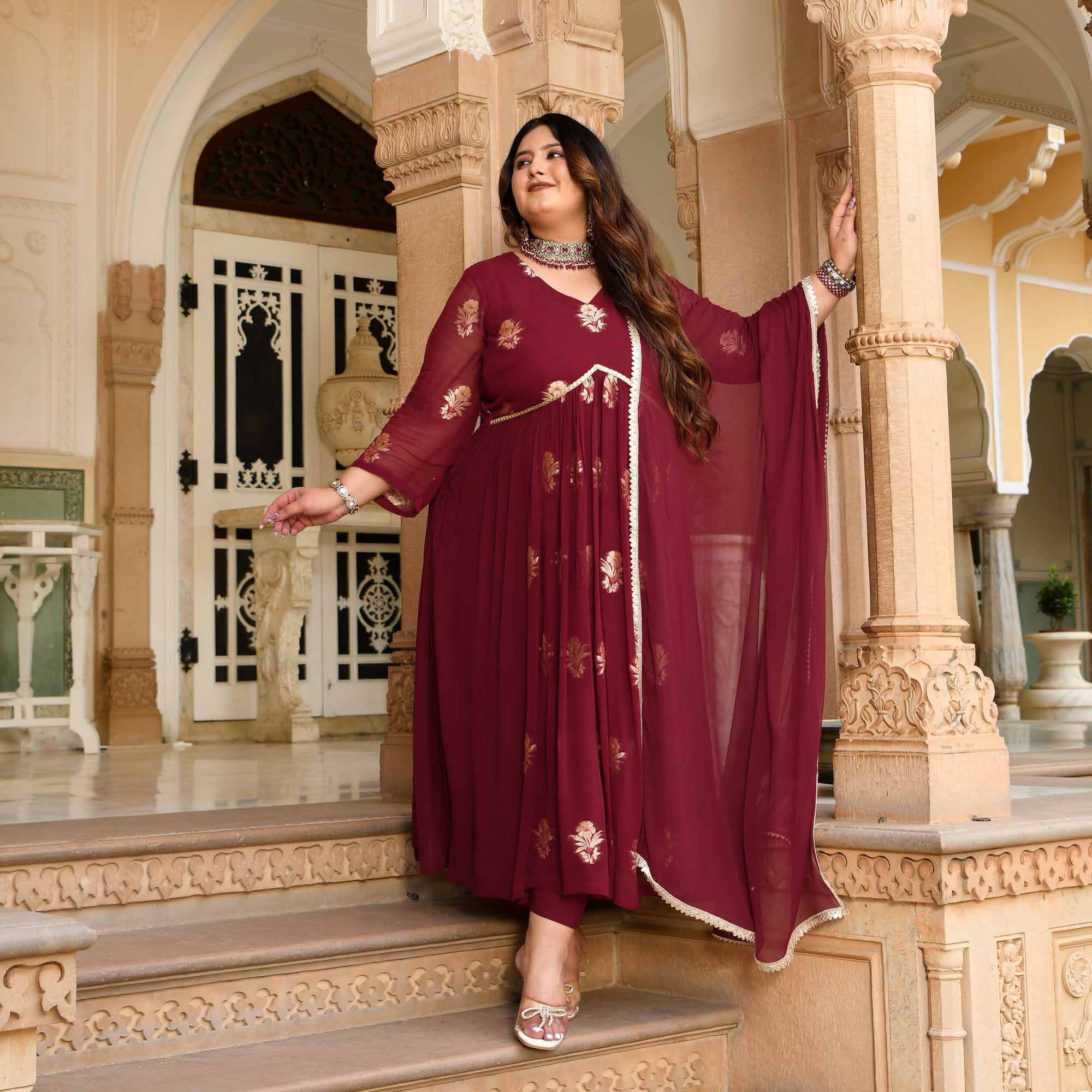 Aalta - Maroon Banarasi Pure Georgette Alia Cut Suit Set