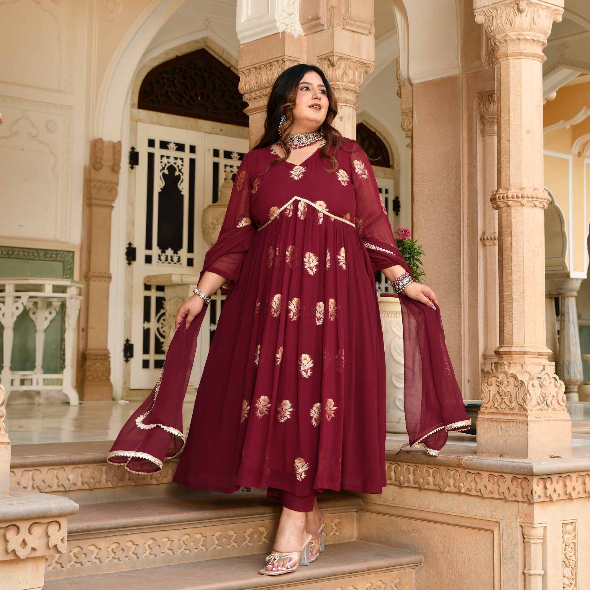 Aalta - Maroon Banarasi Pure Georgette Alia Cut Suit Set