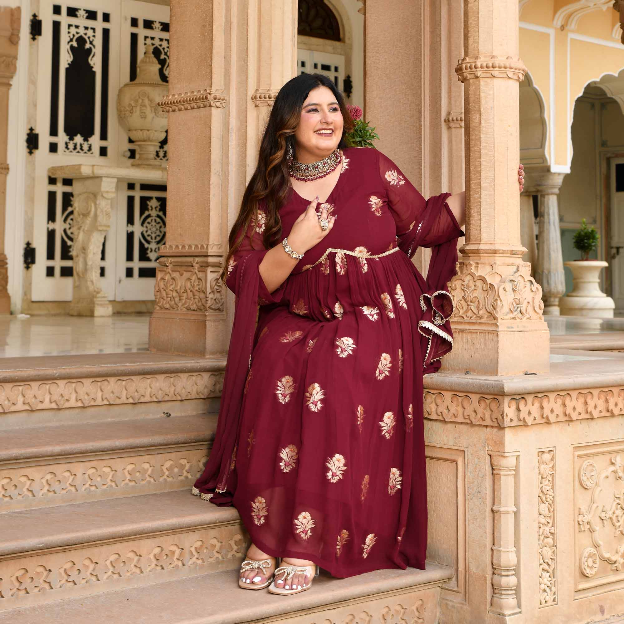 Aalta - Maroon Banarasi Pure Georgette Alia Cut Suit Set