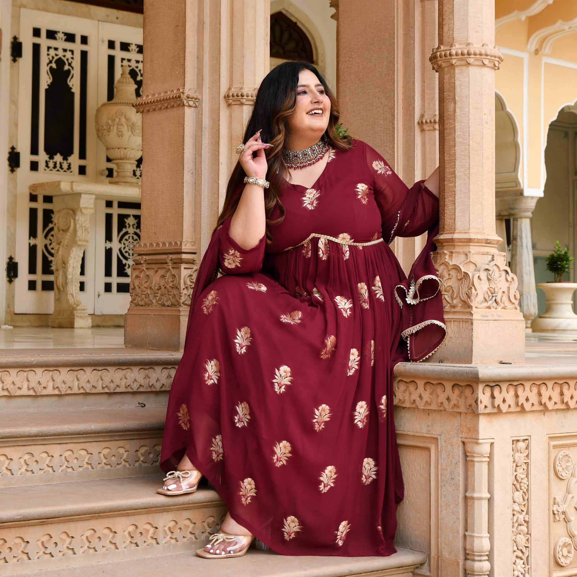 Aalta - Maroon Banarasi Pure Georgette Alia Cut Suit Set