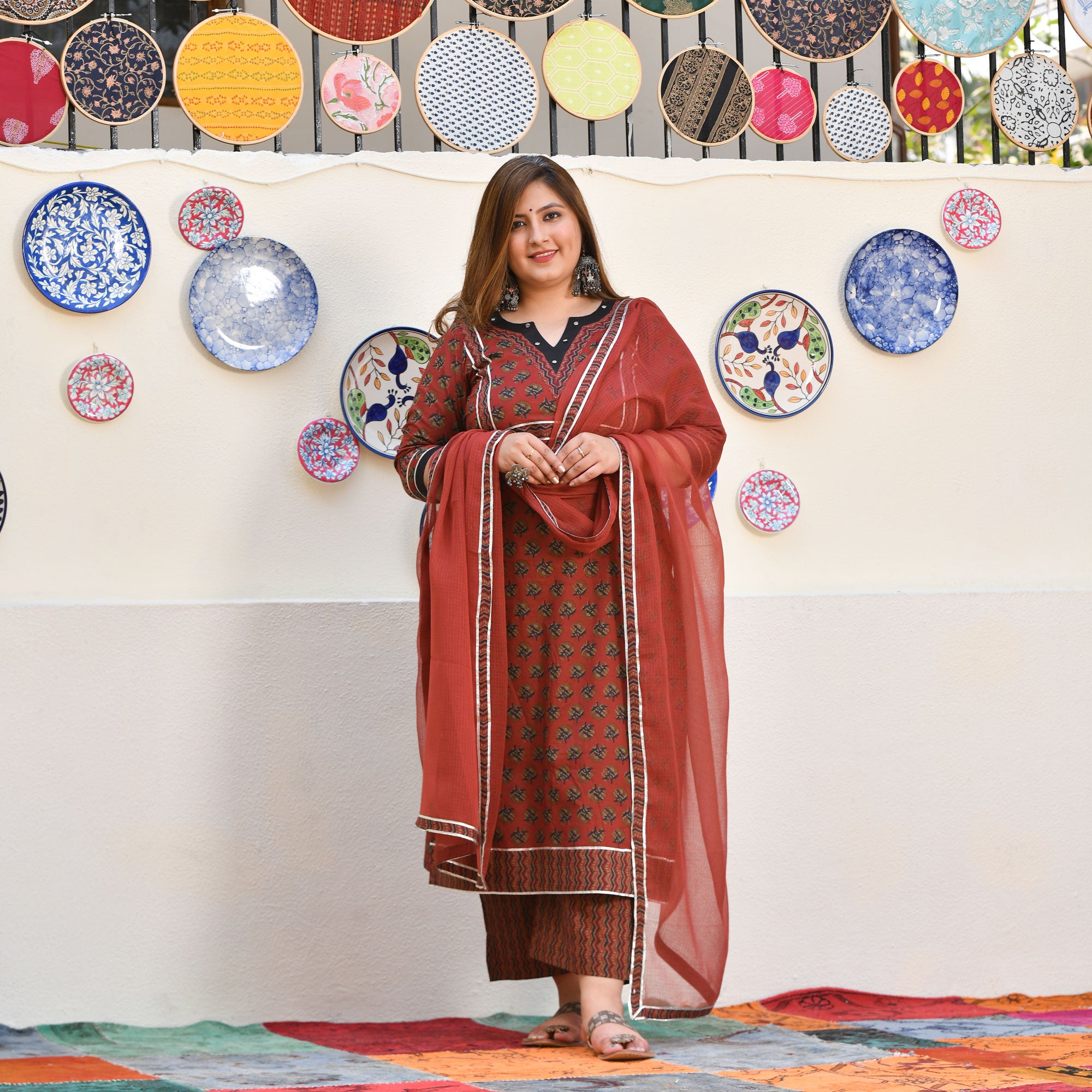 Rosewood Elegance Floral Gota Suit Set