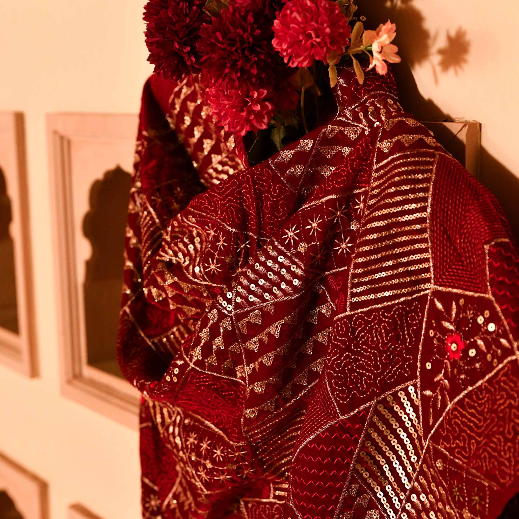 Cherry Velvet Wollen Sequin Embellished Dupatta Stole