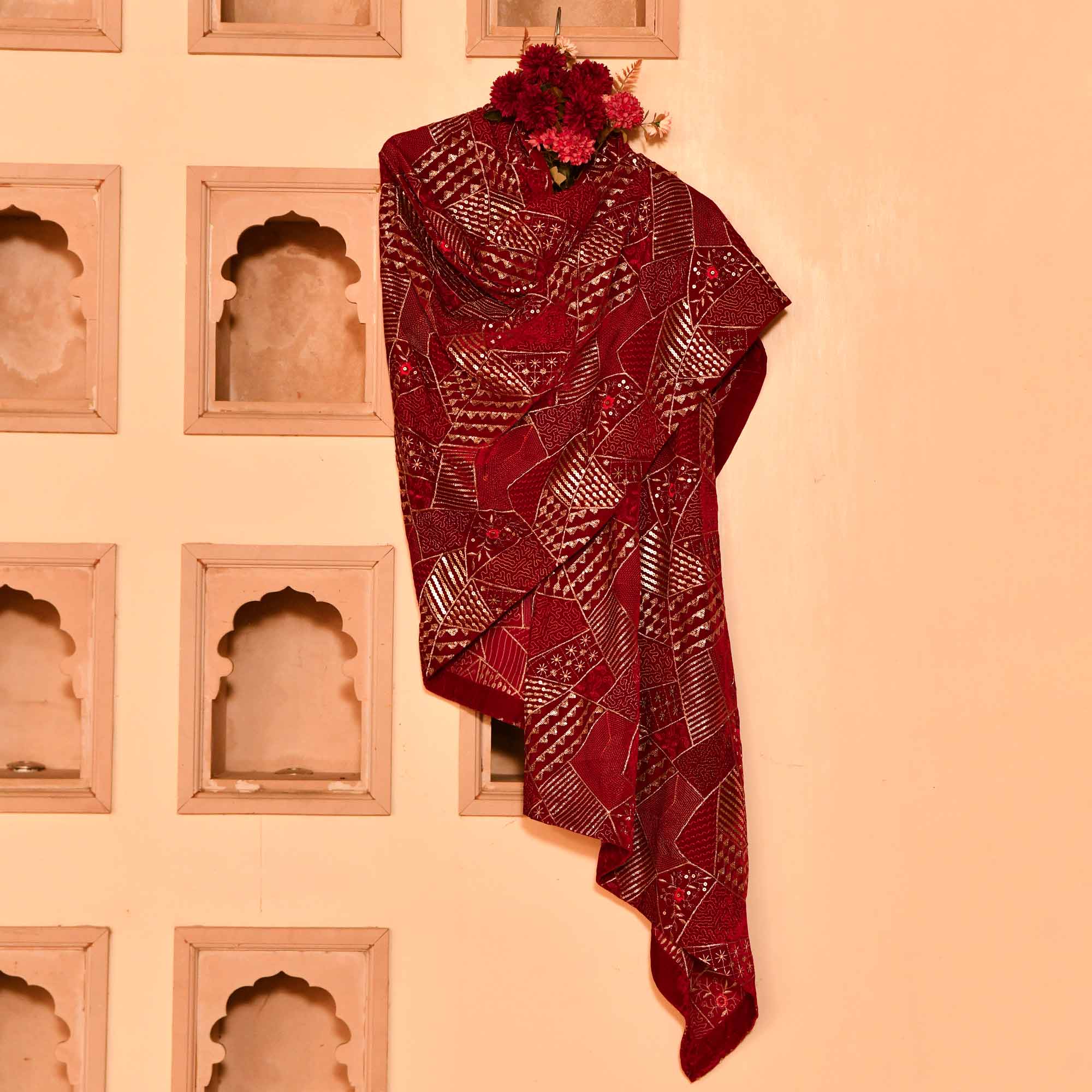 Cherry Velvet Wollen Sequin Embellished Dupatta Stole