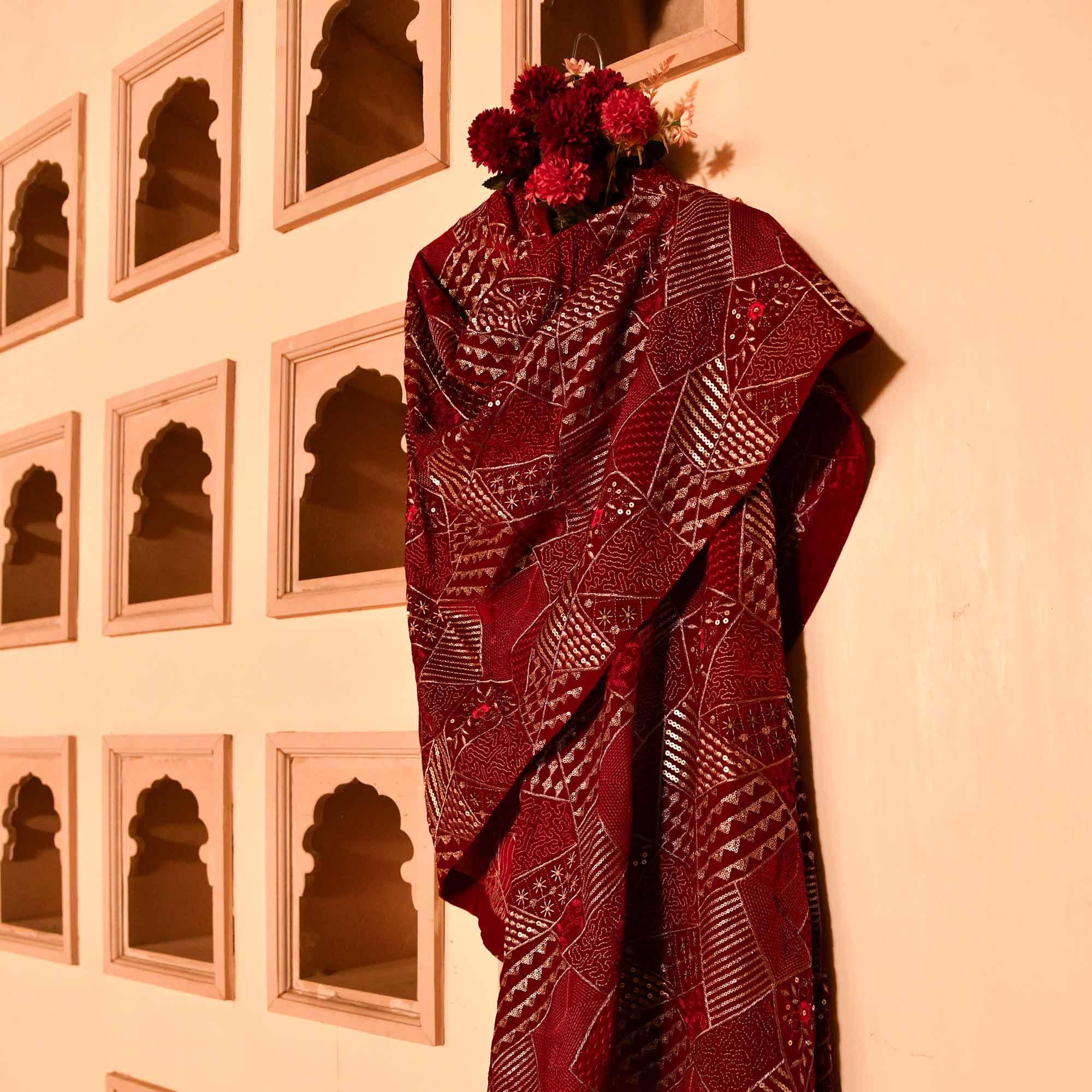 Cherry Velvet Wollen Sequin Embellished Dupatta Stole