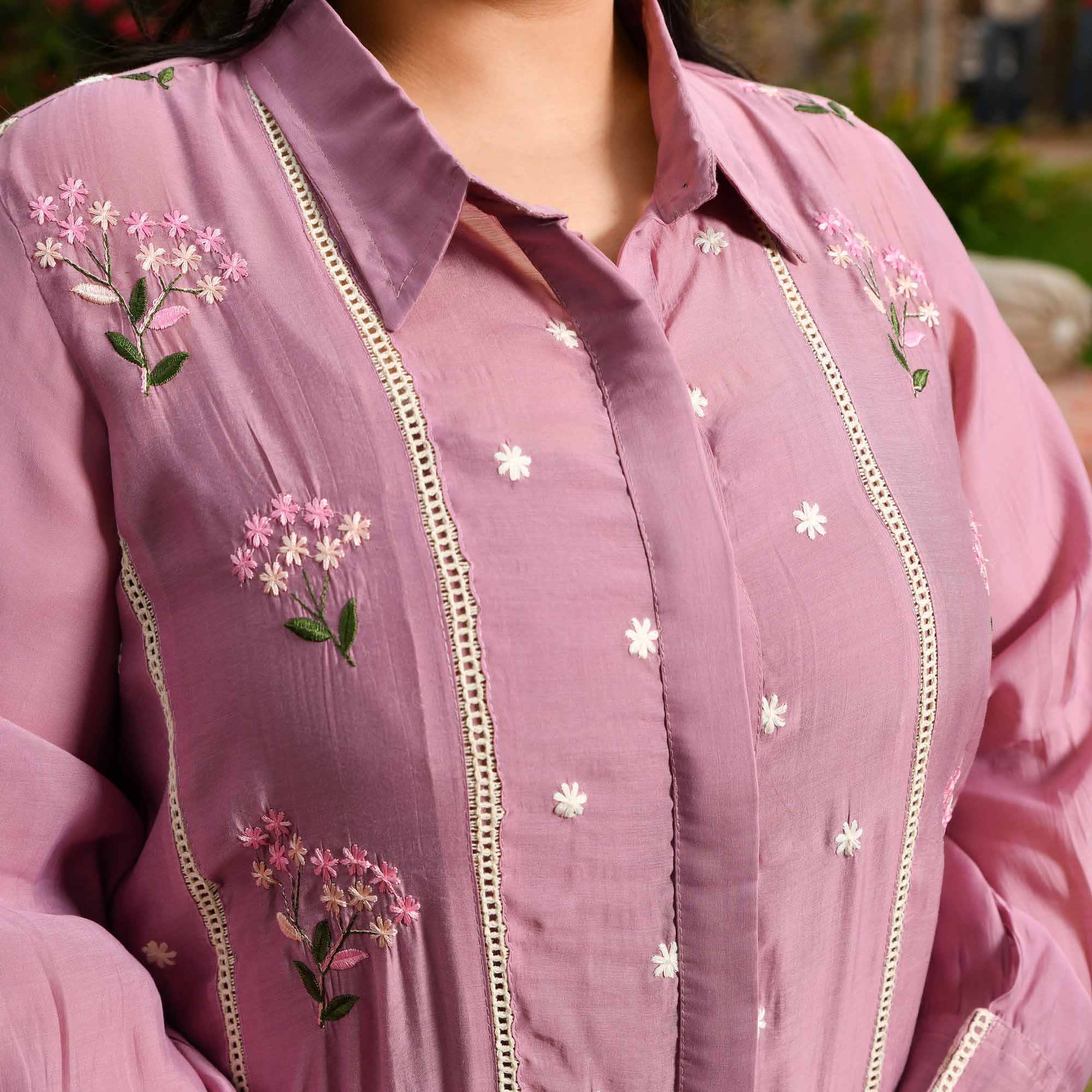 Star Fruit- Dusky Orchid Thread Embroidered Mul Chanderi Co-Ord Set