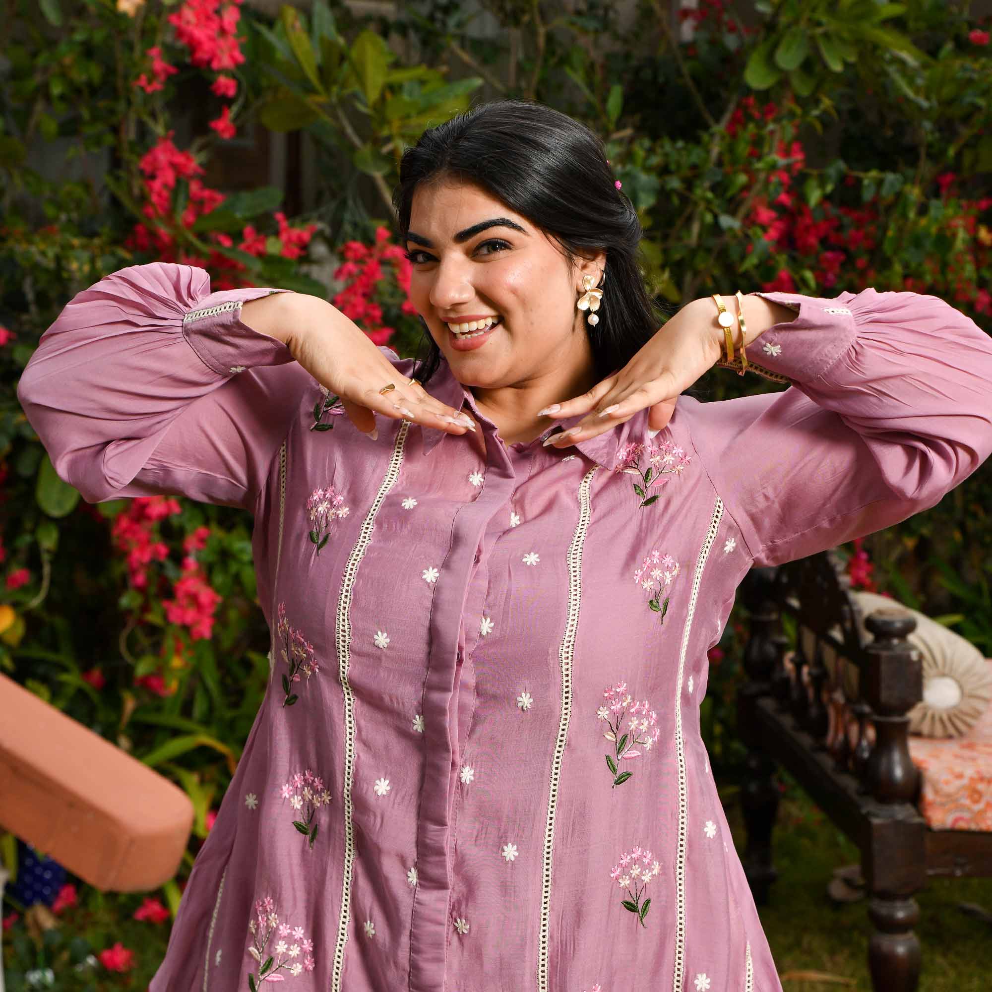 Star Fruit- Dusky Orchid Thread Embroidered Mul Chanderi Co-Ord Set