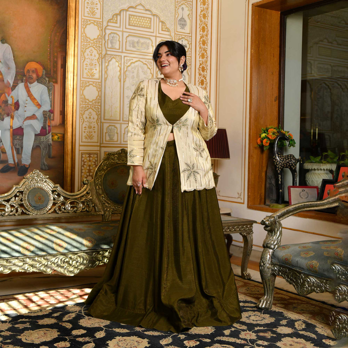 Mehendi Green Velvet Lehenga With Embellished Cross Body Blouse main image 1