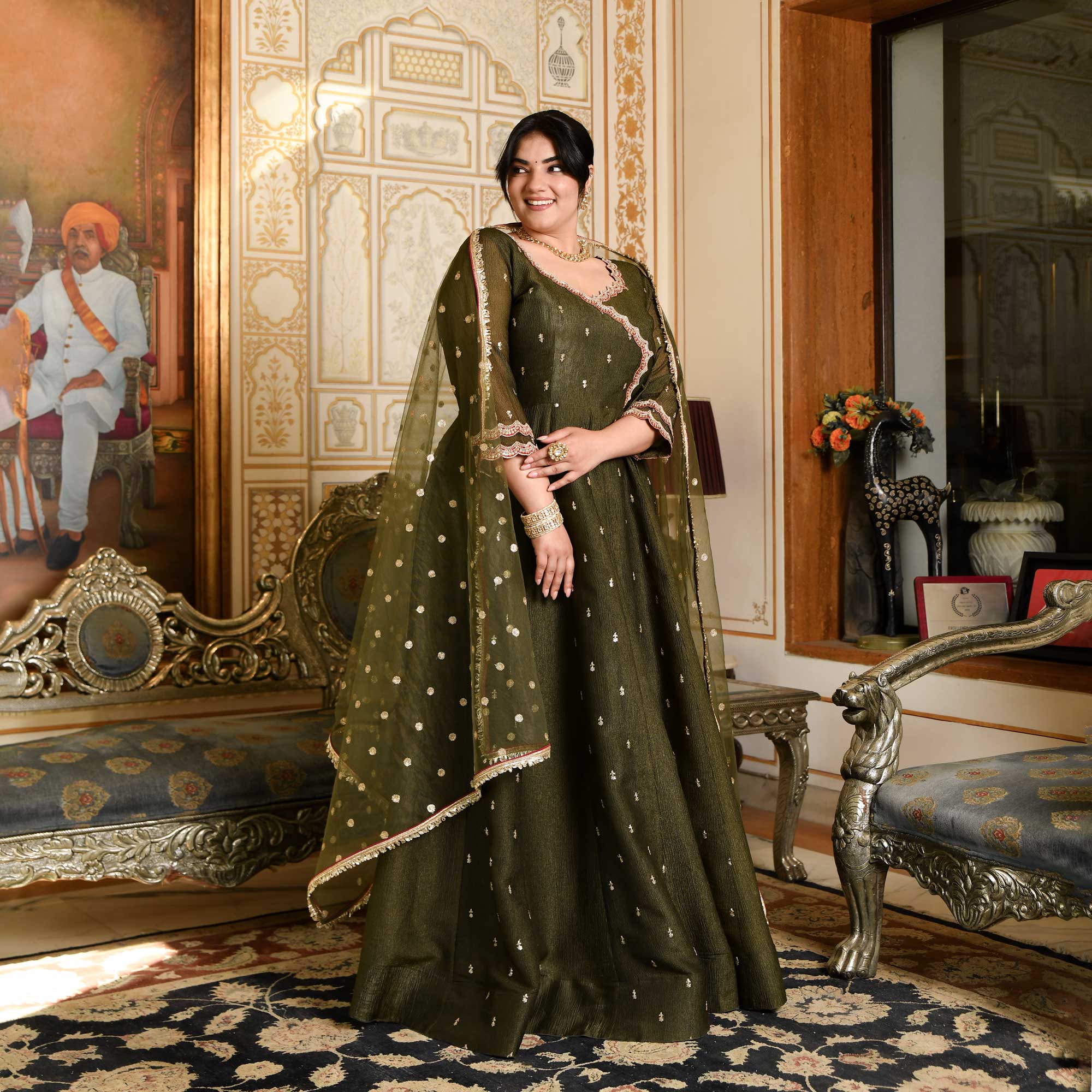 Verdant Majesty Mehendi Green Silk Embroidered Anarkali Set