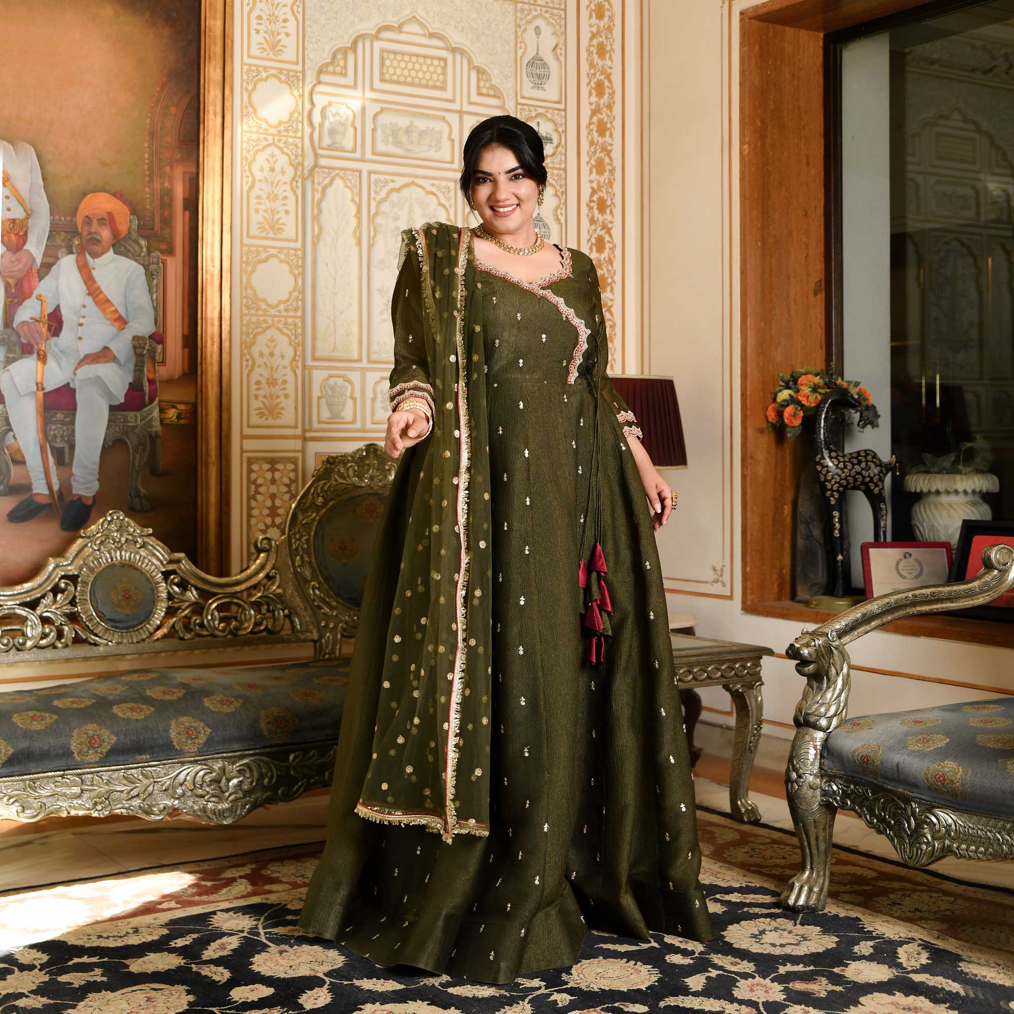 Verdant Majesty Mehendi Green Silk Embroidered Anarkali Set