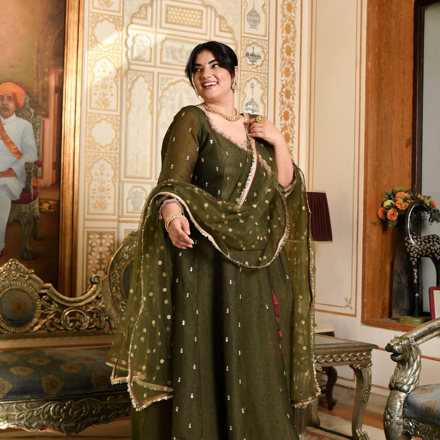 Verdant Majesty Mehendi Green Silk Embroidered Anarkali Set