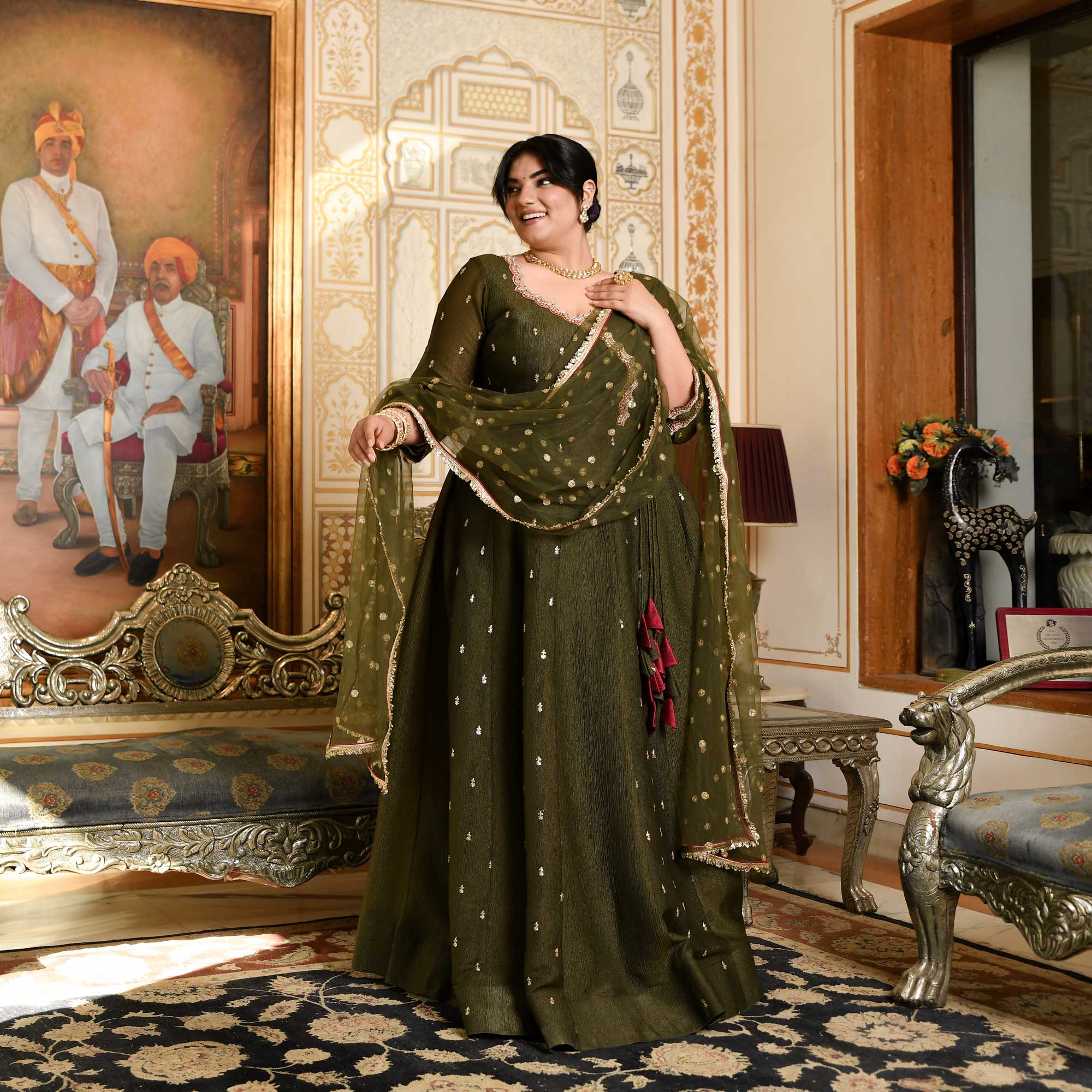 Verdant Majesty Mehendi Green Silk Embroidered Anarkali Set