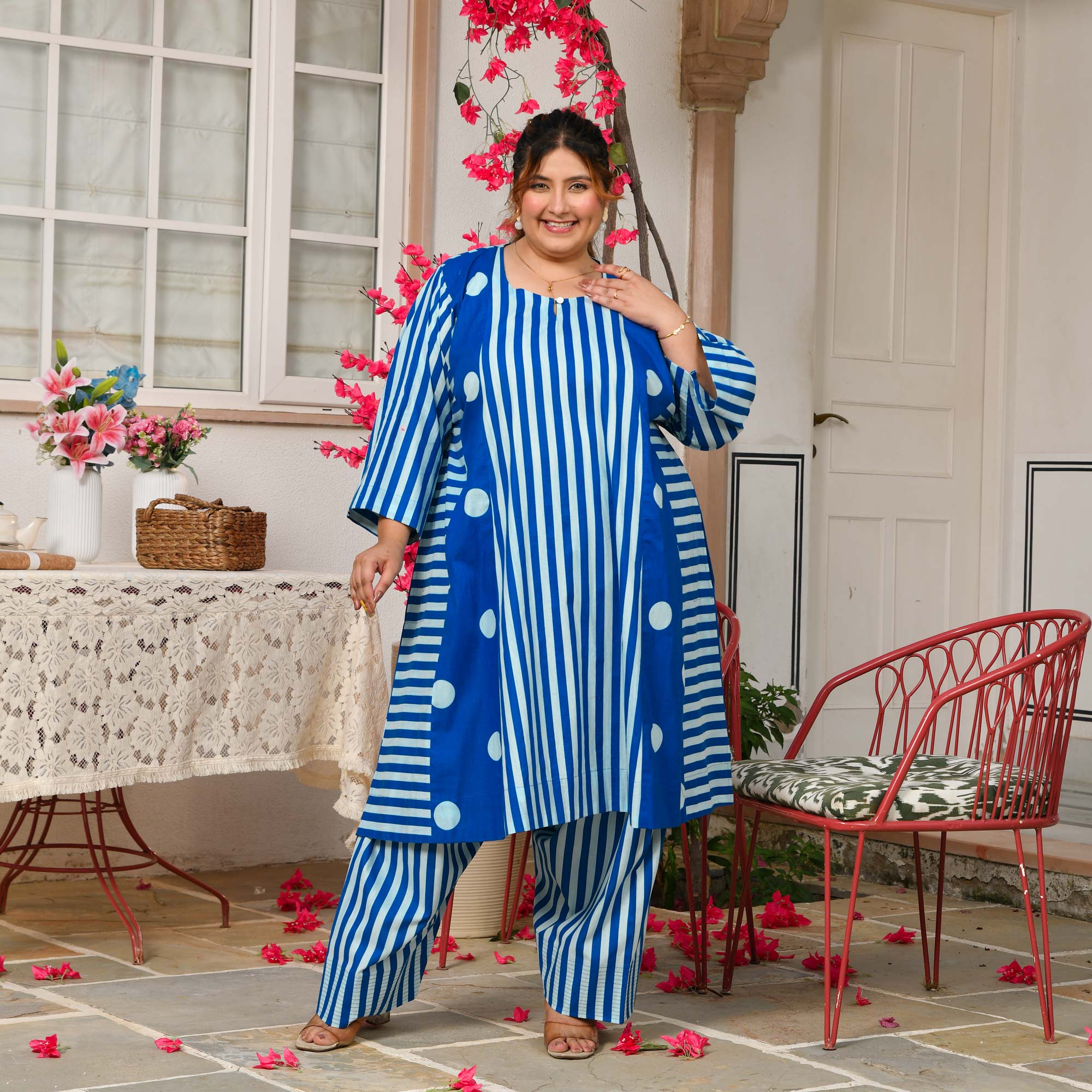 Mia- Electric Blue Striped Polka Aline Farshi Set