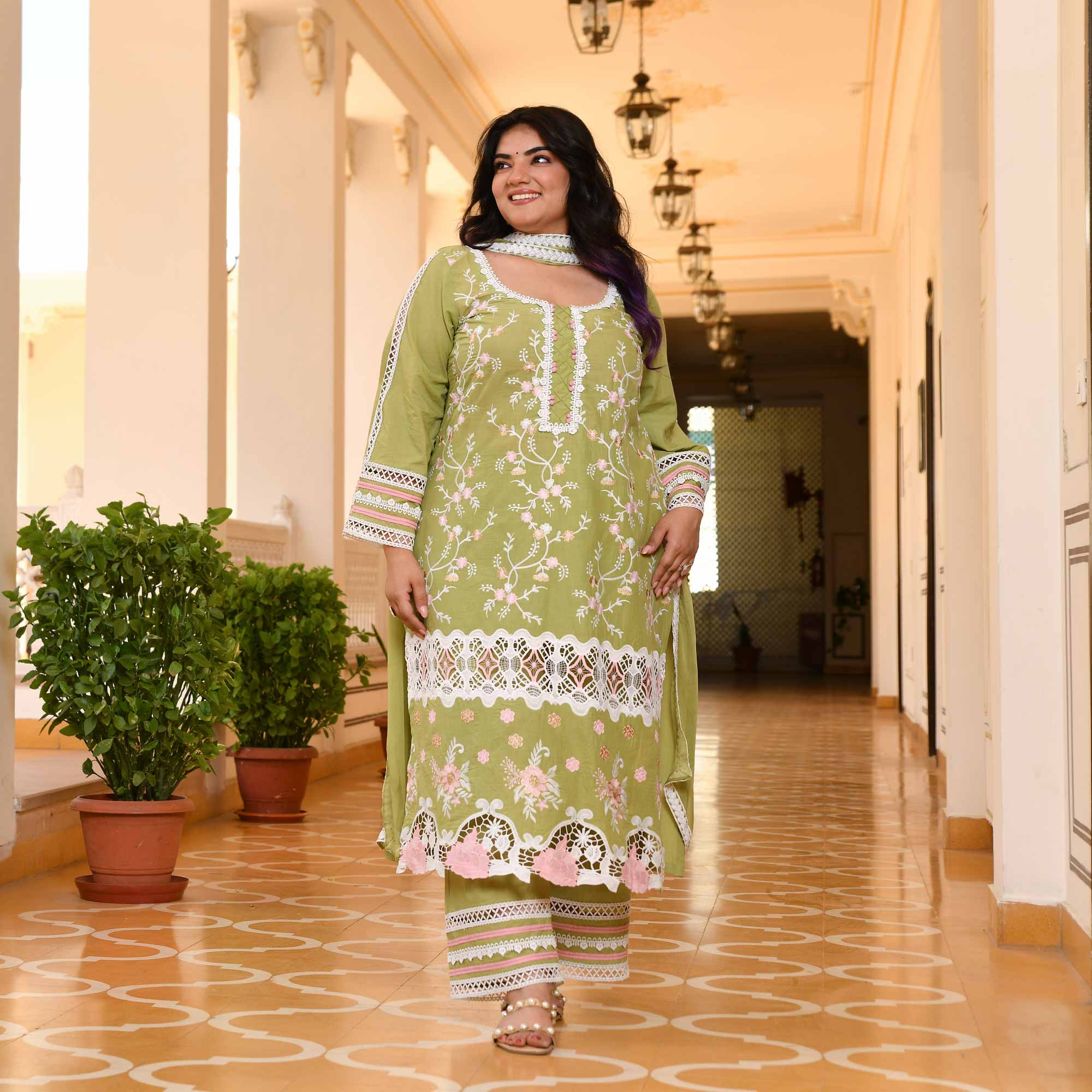 Saadgi- Pista Green Chikankari Embroidered Pure Cotton Suit Set