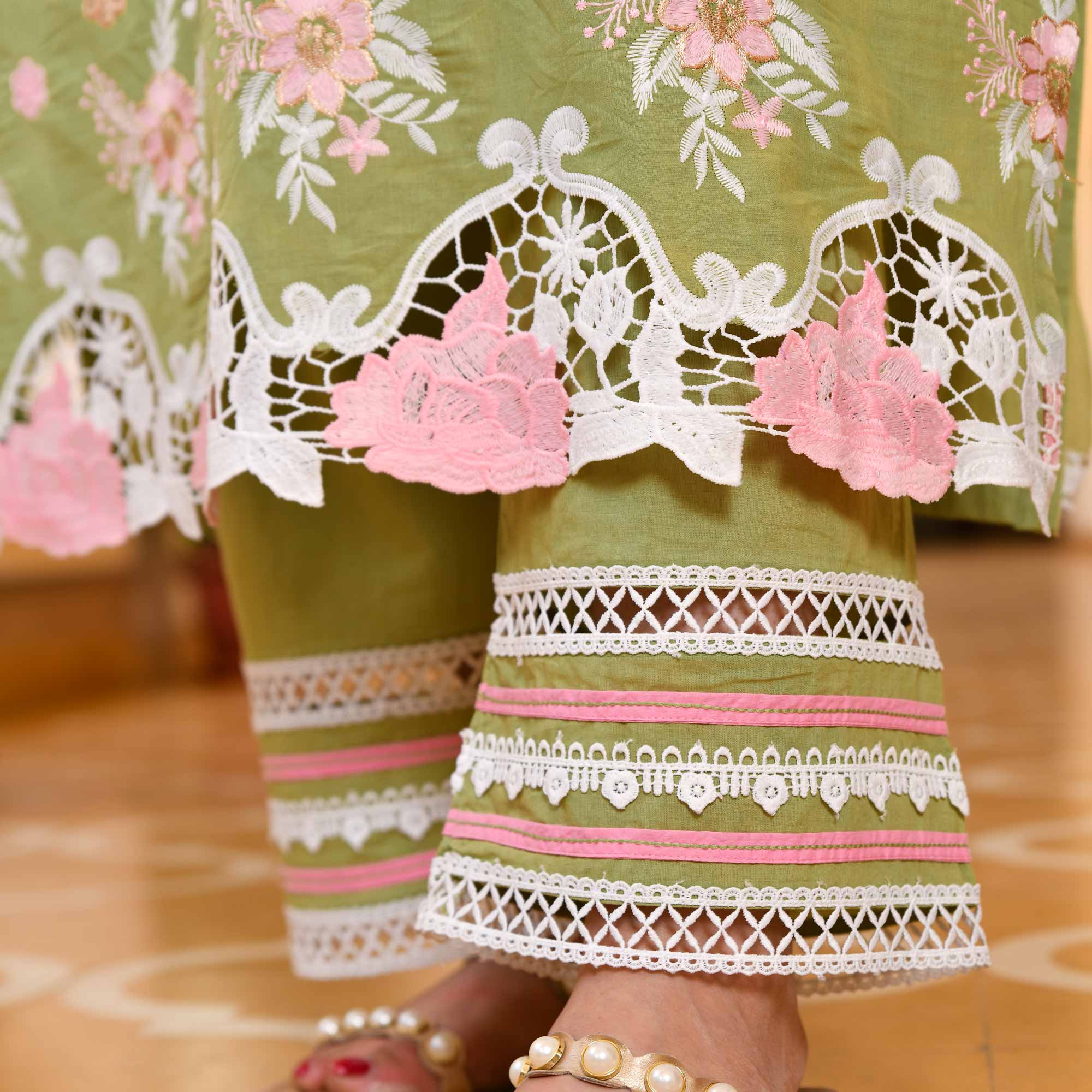 Saadgi- Pista Green Chikankari Embroidered Pure Cotton Suit Set