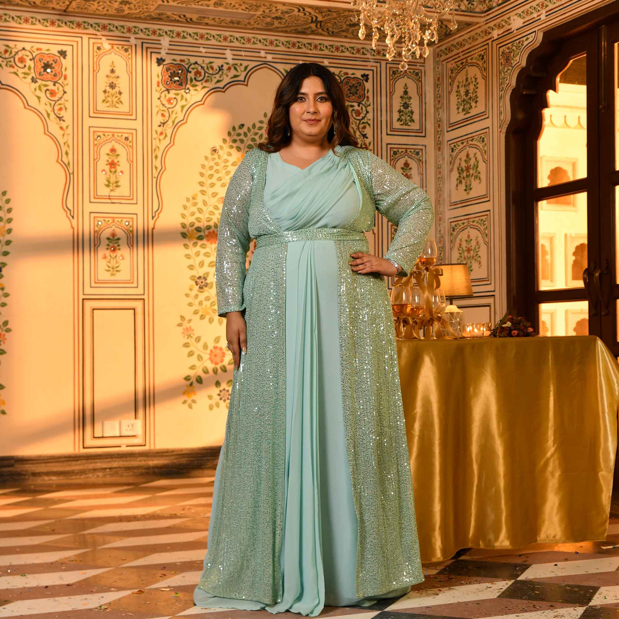 Flirtini-Mint Green Drape Saree Dress with Sequin Embellished Blazer