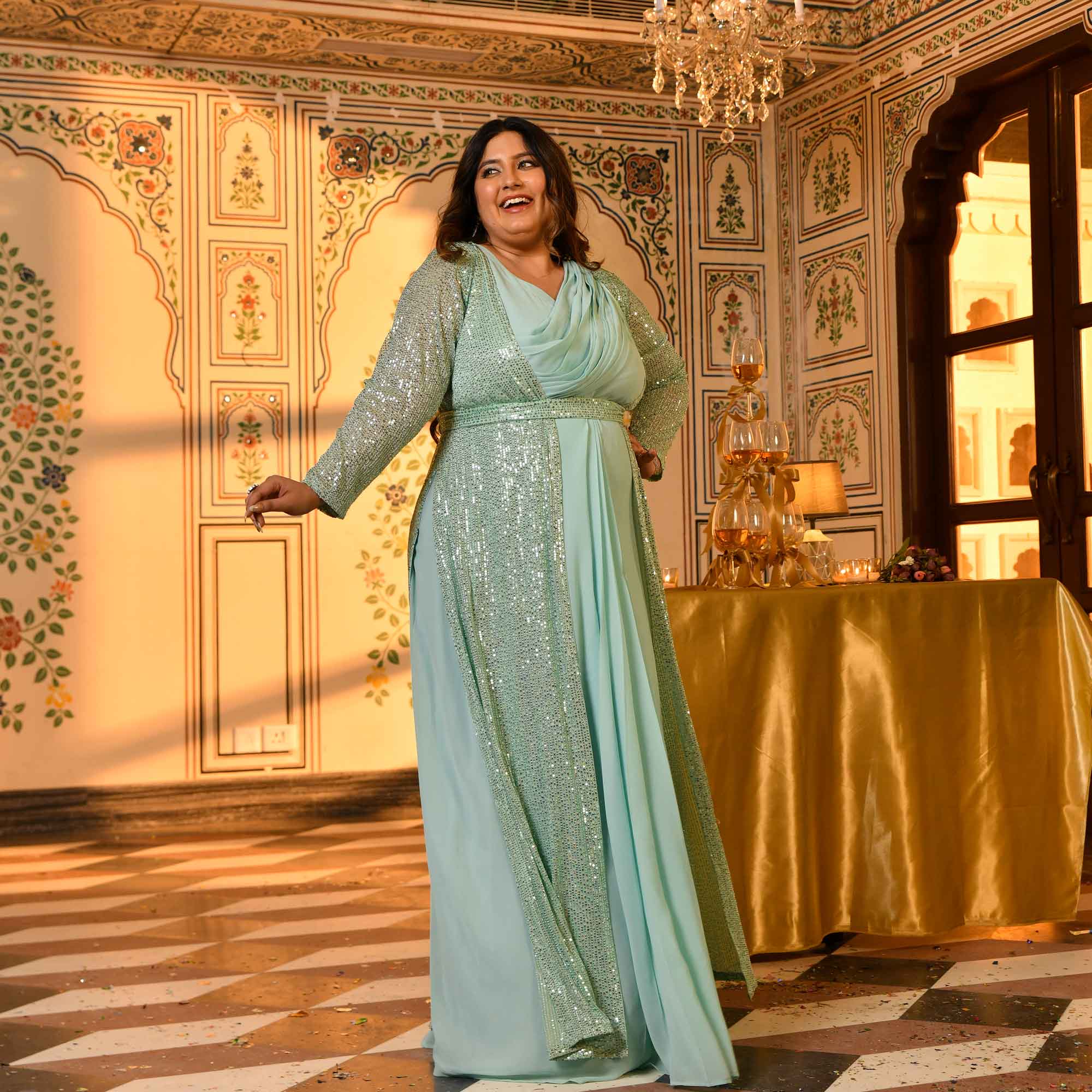 Flirtini-Mint Green Drape Saree Dress with Sequin Embellished Blazer