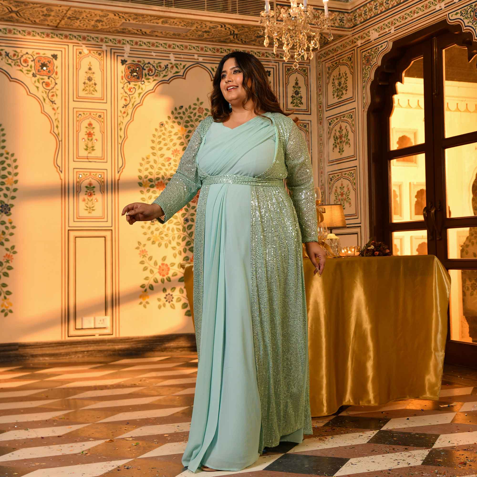 Flirtini-Mint Green Drape Saree Dress with Sequin Embellished Blazer