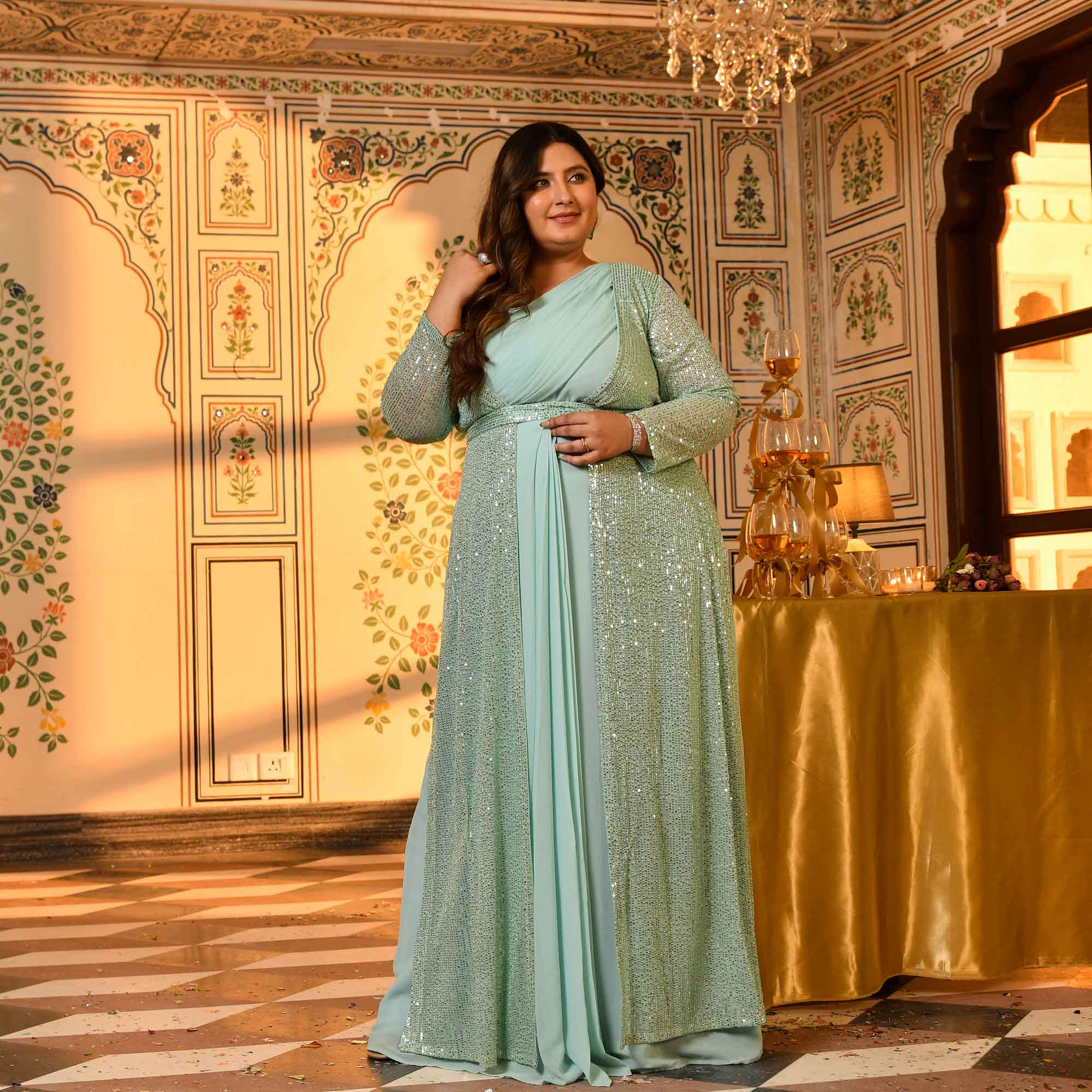 Flirtini-Mint Green Drape Saree Dress with Sequin Embellished Blazer