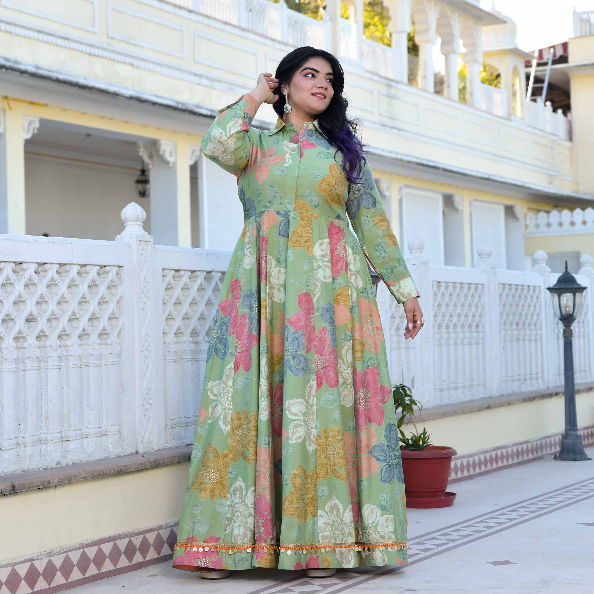 Green Springs Floral Print Modal Viscose Anarkali