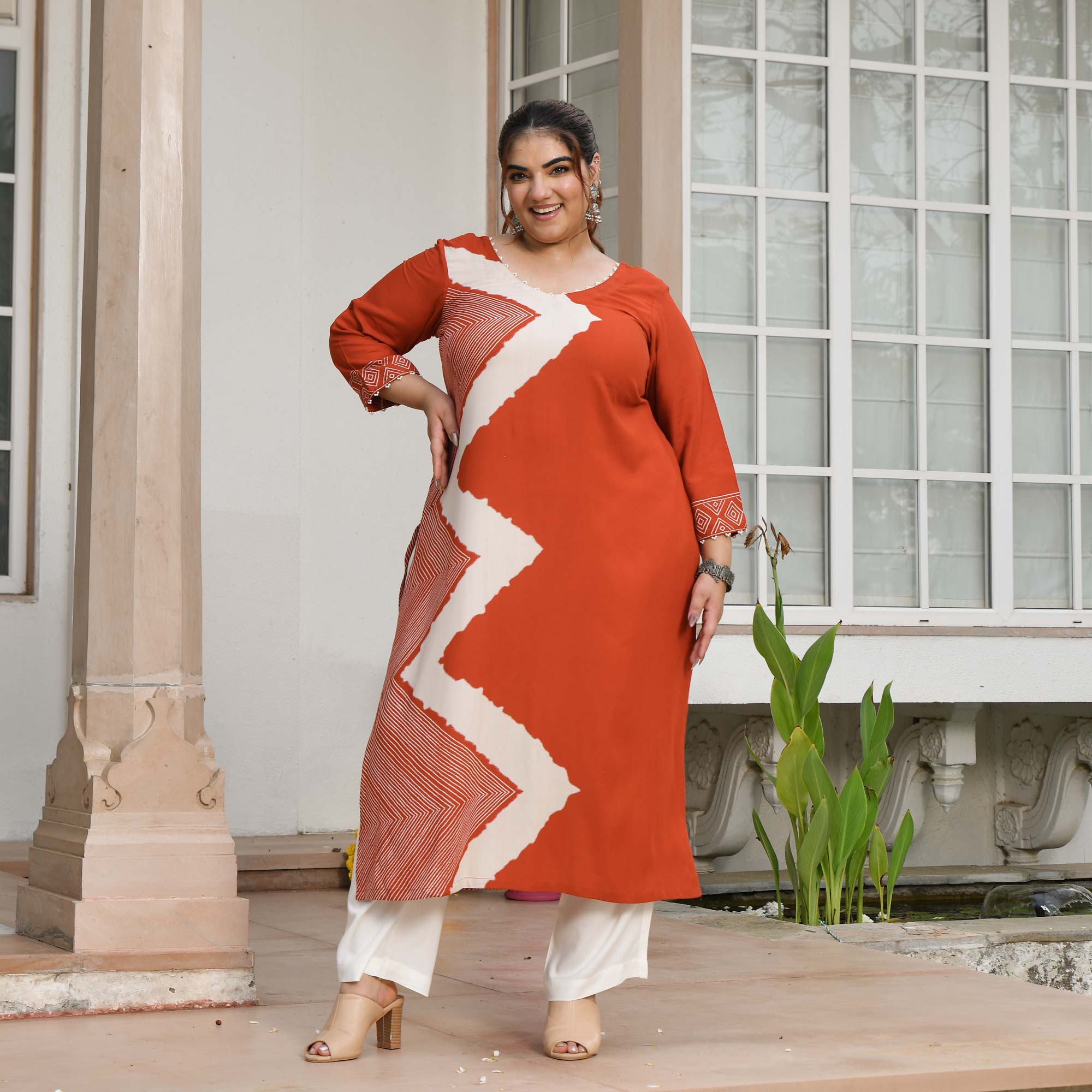 Miranda- Rust Orange Geometrical Print Rayon Cotton Kurta