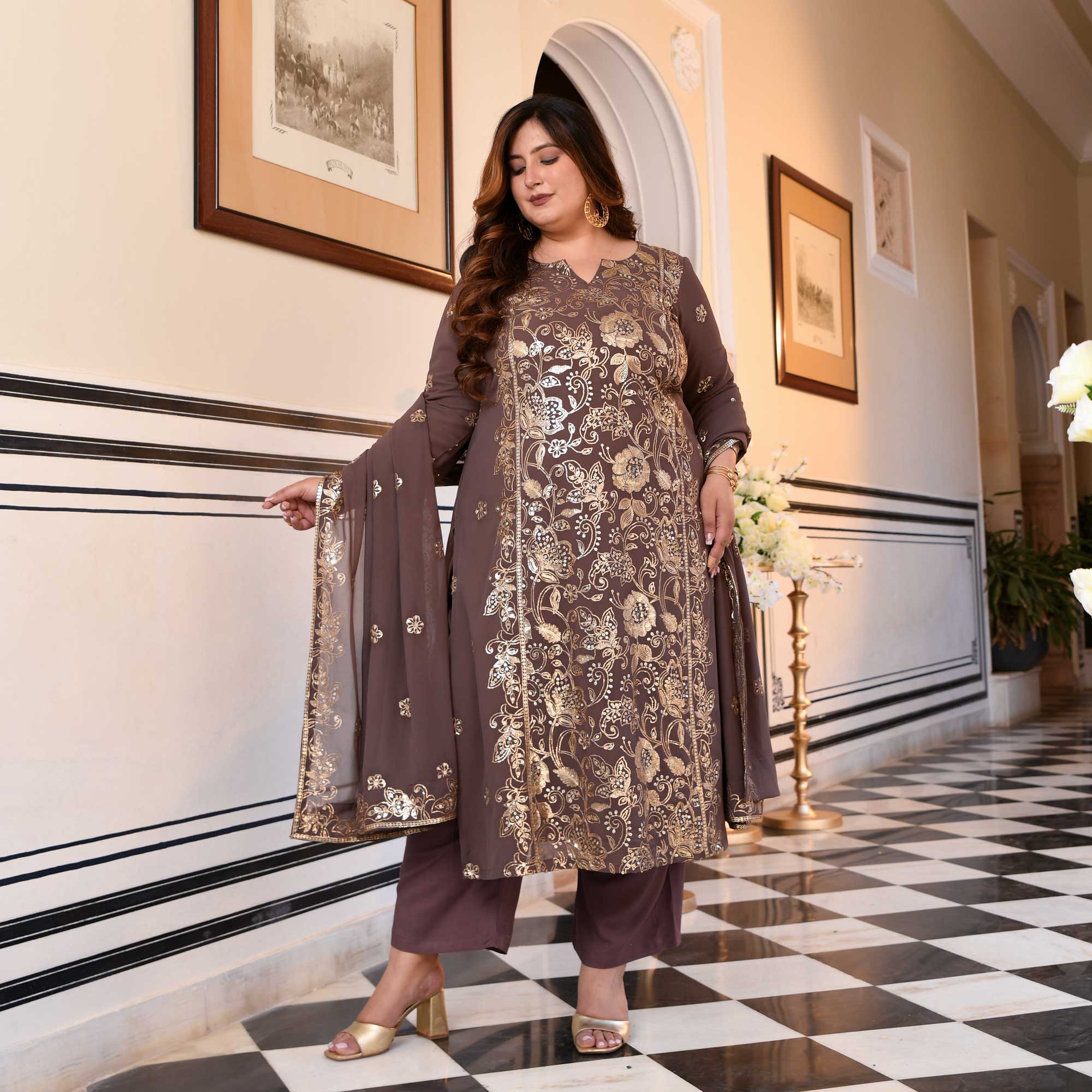Ishani- Dusky Mauve Sequin Embroidered Georgette Suit Set