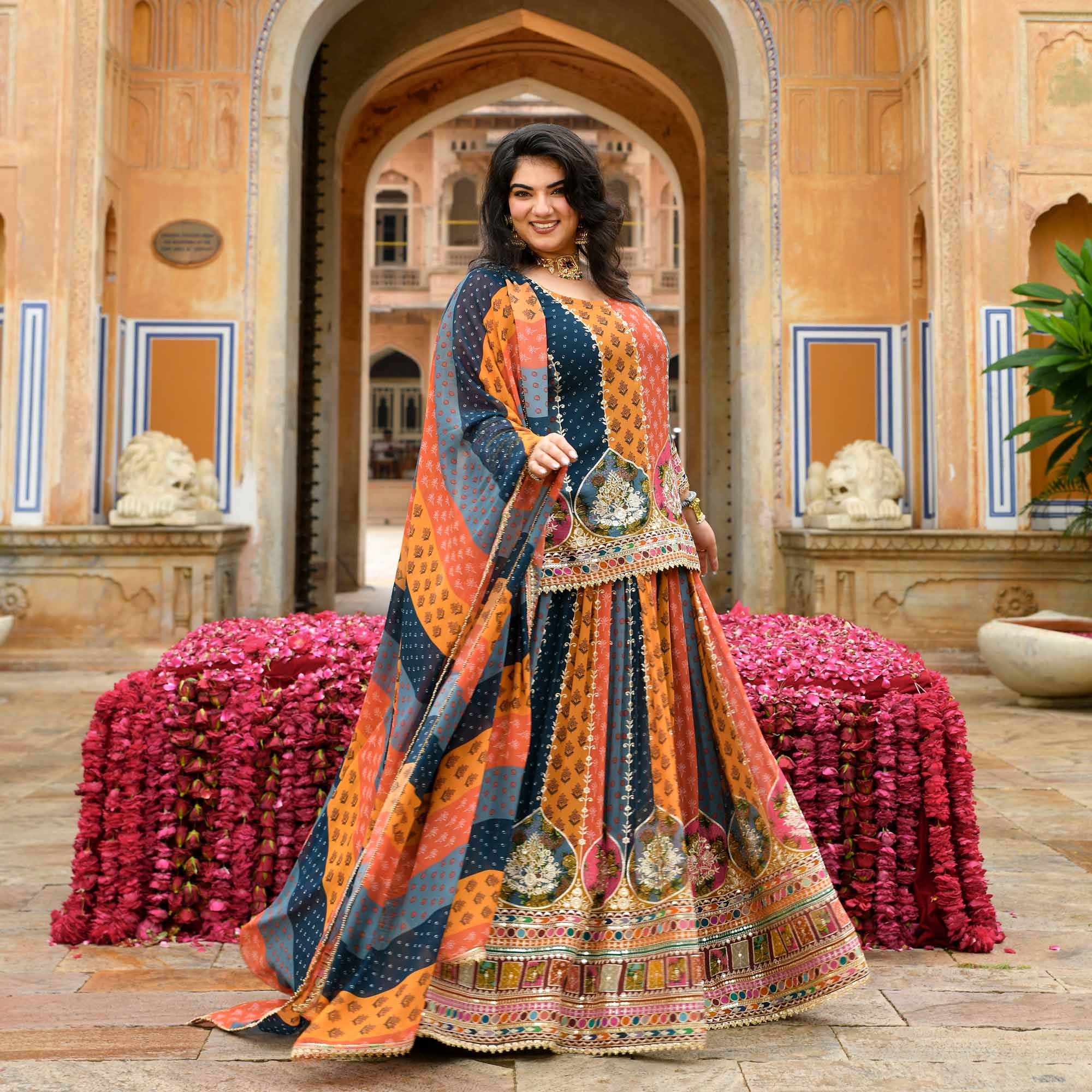 Rajkumari- Multicolour Modern Fusion Printed Zari Embroidered Lehenga Set