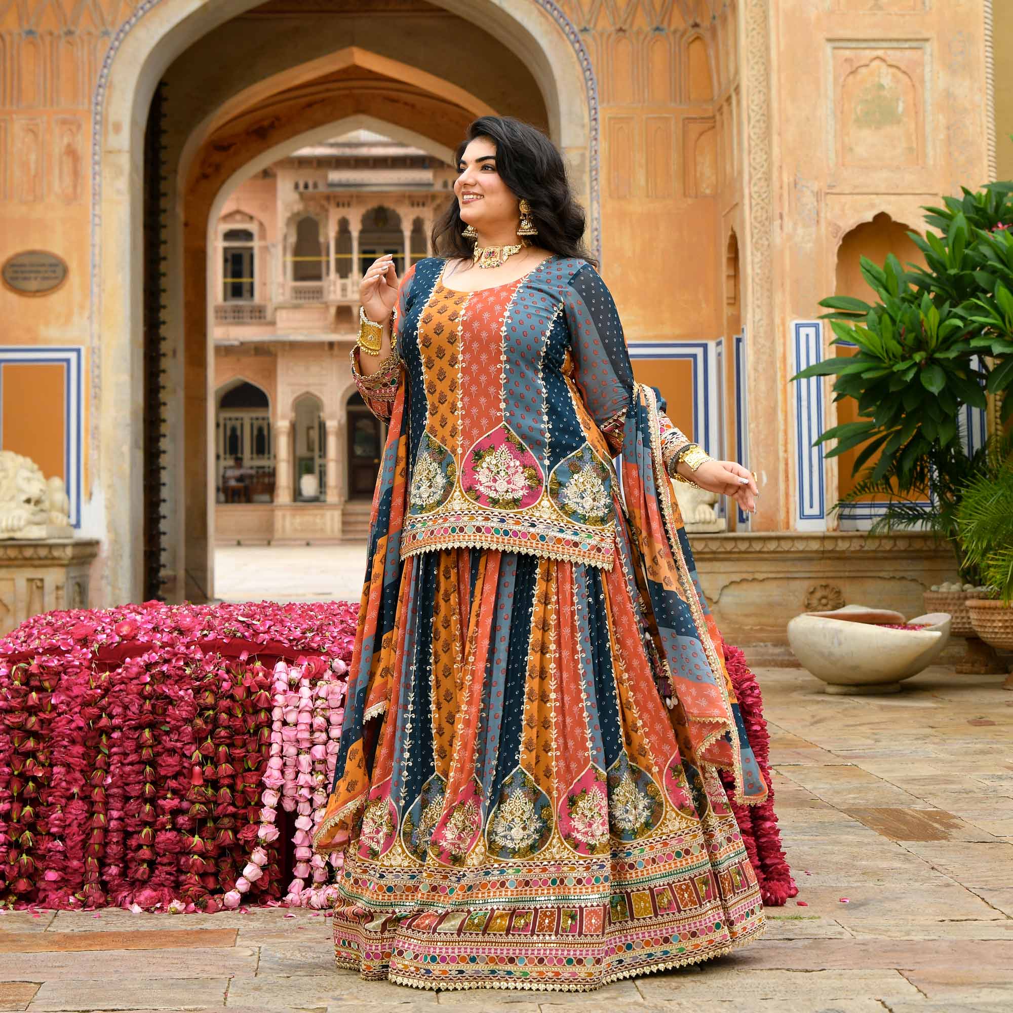 Rajkumari- Multicolour Modern Fusion Printed Zari Embroidered Lehenga Set