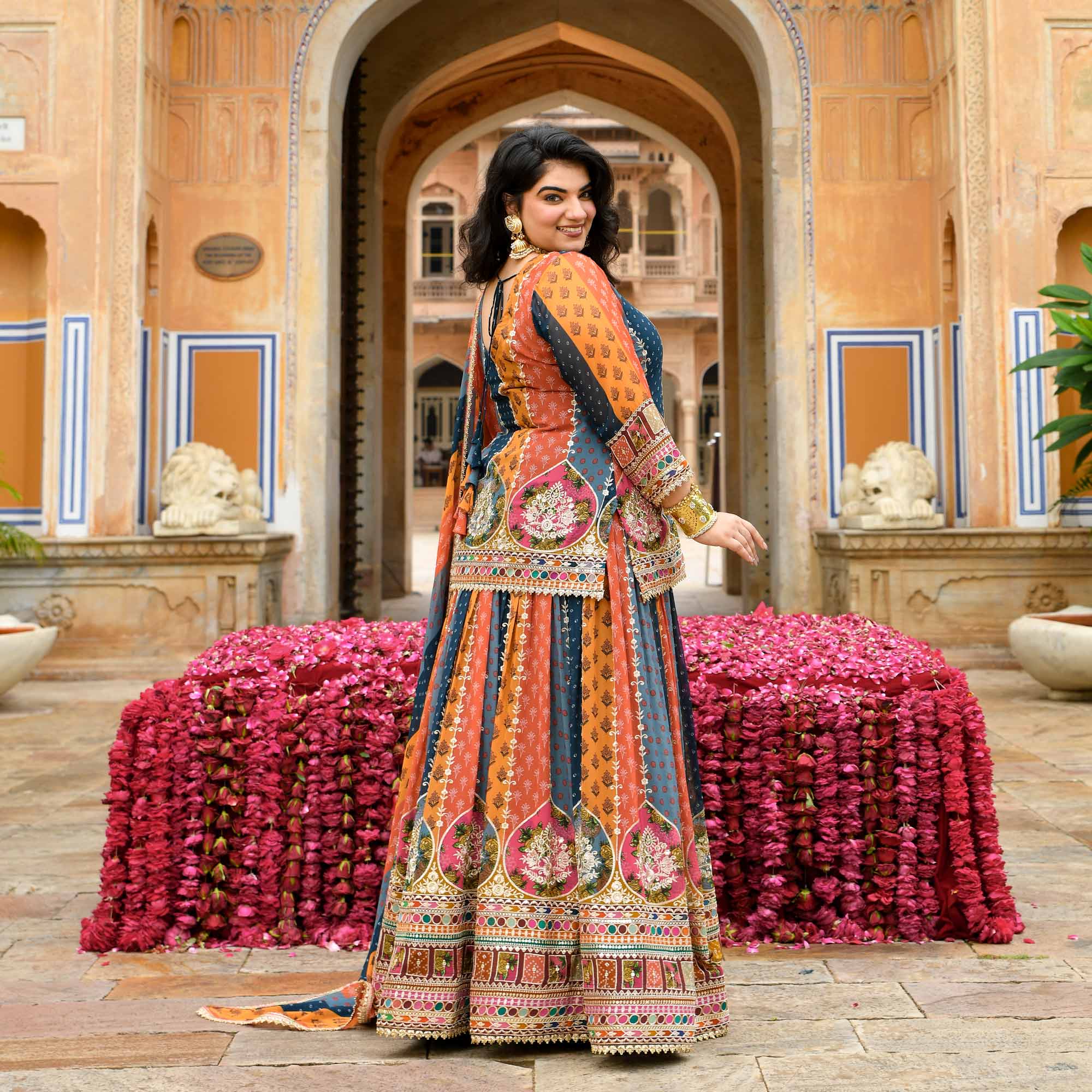 Rajkumari- Multicolour Modern Fusion Printed Zari Embroidered Lehenga Set