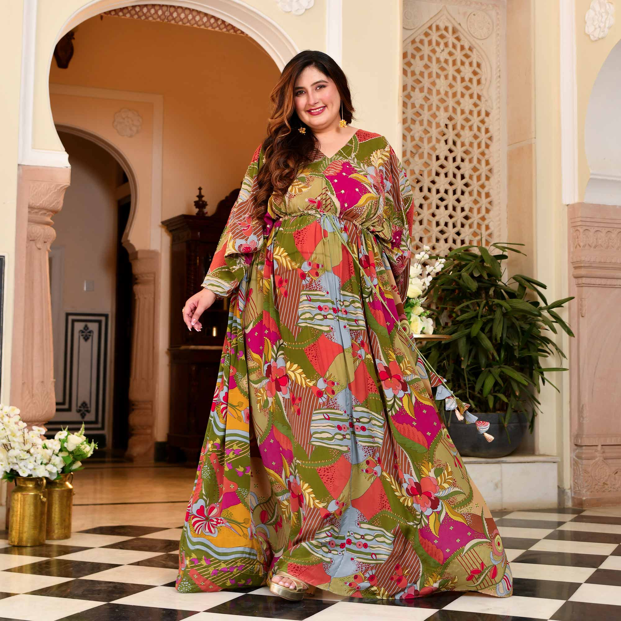 Ira- Multicolored Position Printed Pure Crepe Fusion Kaftan Dress