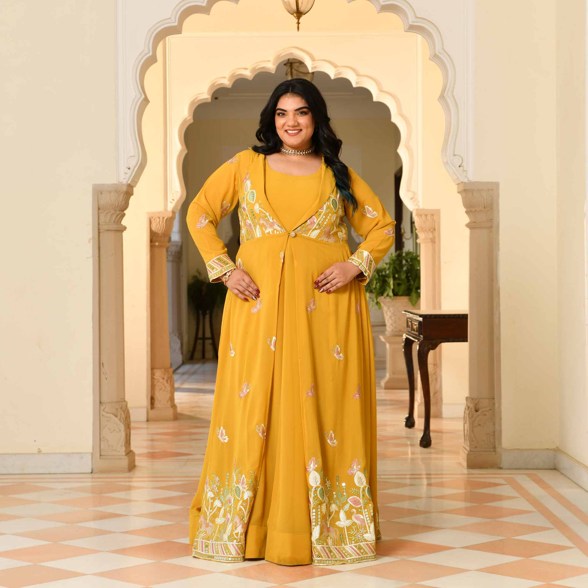 Golden Vows- Mustard Yellow Thread & Gota Embroidered Georgette Anarkali Cape Set
