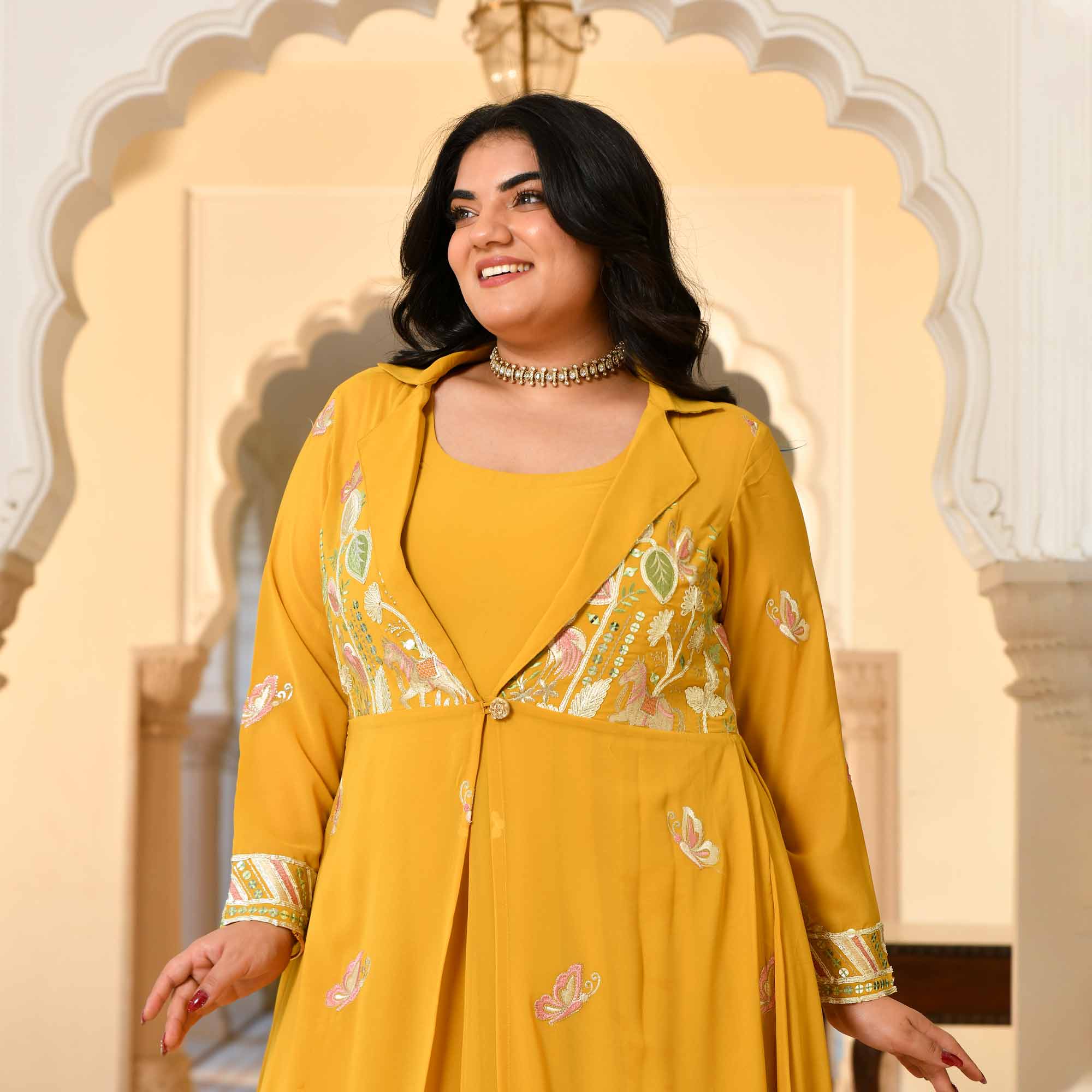 Golden Vows- Mustard Yellow Thread & Gota Embroidered Georgette Anarkali Cape Set