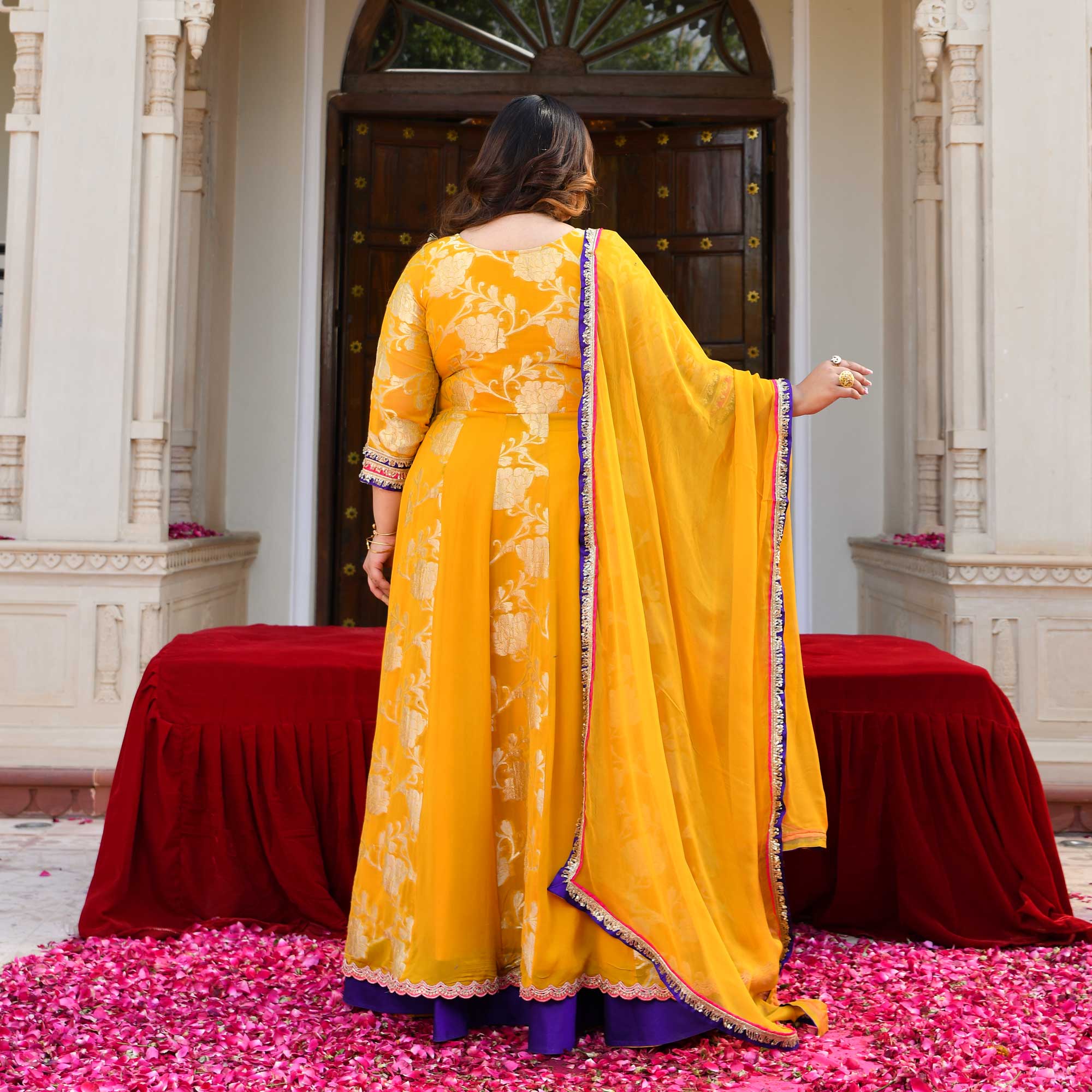 Swarna- Mustard Yellow Banarasi Pure Georgette Anarkali Skirt Set