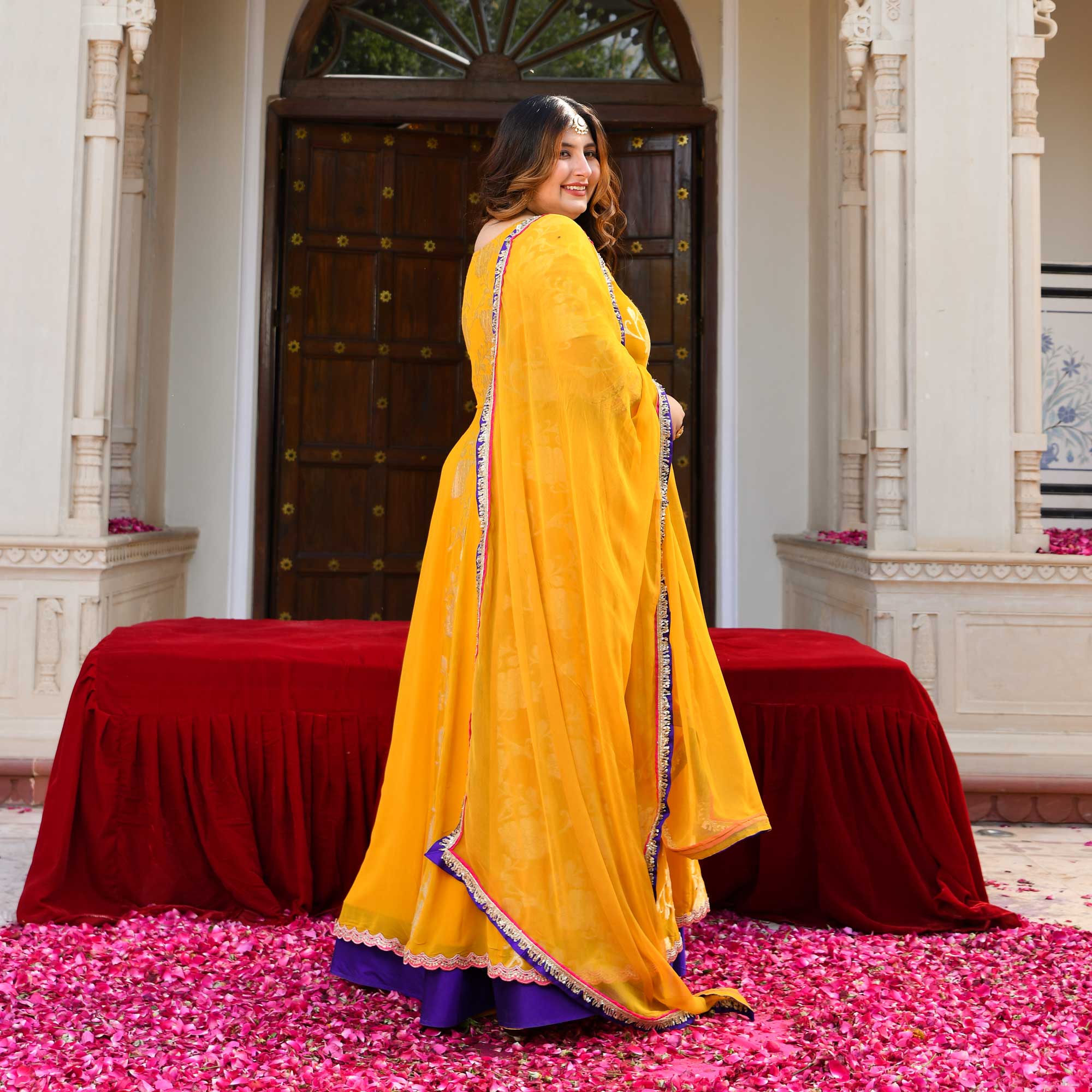 Swarna- Mustard Yellow Banarasi Pure Georgette Anarkali Skirt Set