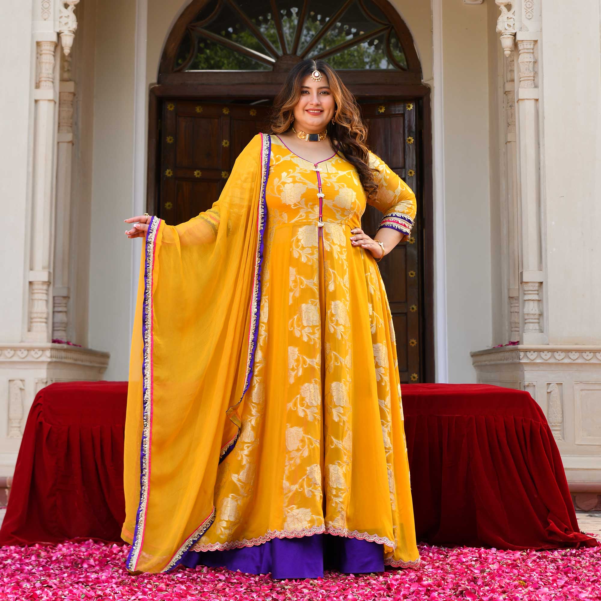 Swarna- Mustard Yellow Banarasi Pure Georgette Anarkali Skirt Set