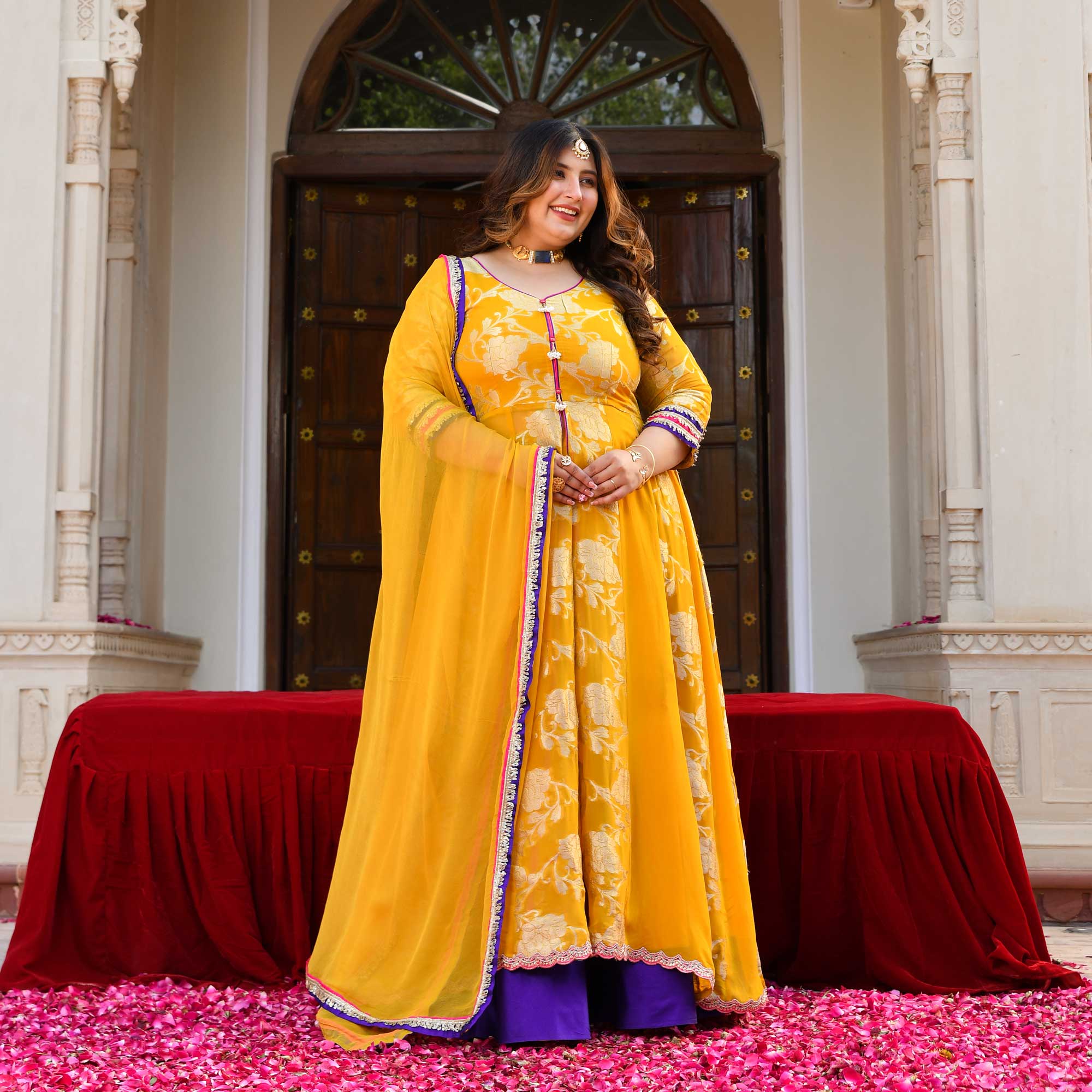 Swarna- Mustard Yellow Banarasi Pure Georgette Anarkali Skirt Set